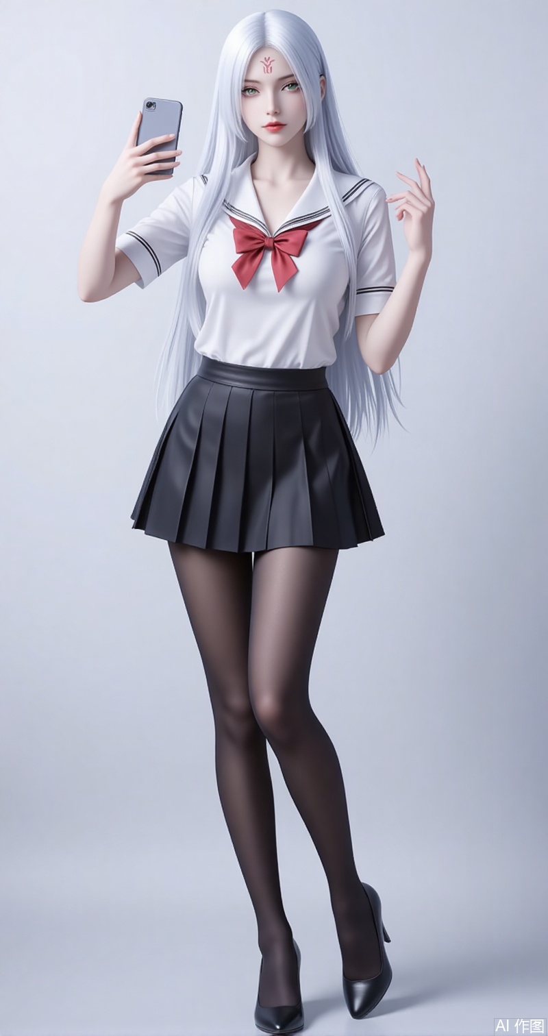 lvjing,baoshi,xiaobai,solo,long hair,white hair,1girl,facial mark,forehead mark,looking at viewer,red lips,lips,green eyes,closed mouth,makeup,parted bangs,parted lips,
1girl, pantyhose, solo, school uniform, skirt, phone, selfie, cellphone, serafuku, smartphone, holding phone, black pantyhose, high heels, full body, holding, bow, crossed legs, standing, 3/4 view, cover, simple background, gradient background, close-up details, outstanding style, adding a touch of dimension to your images without compromising details, close-up
