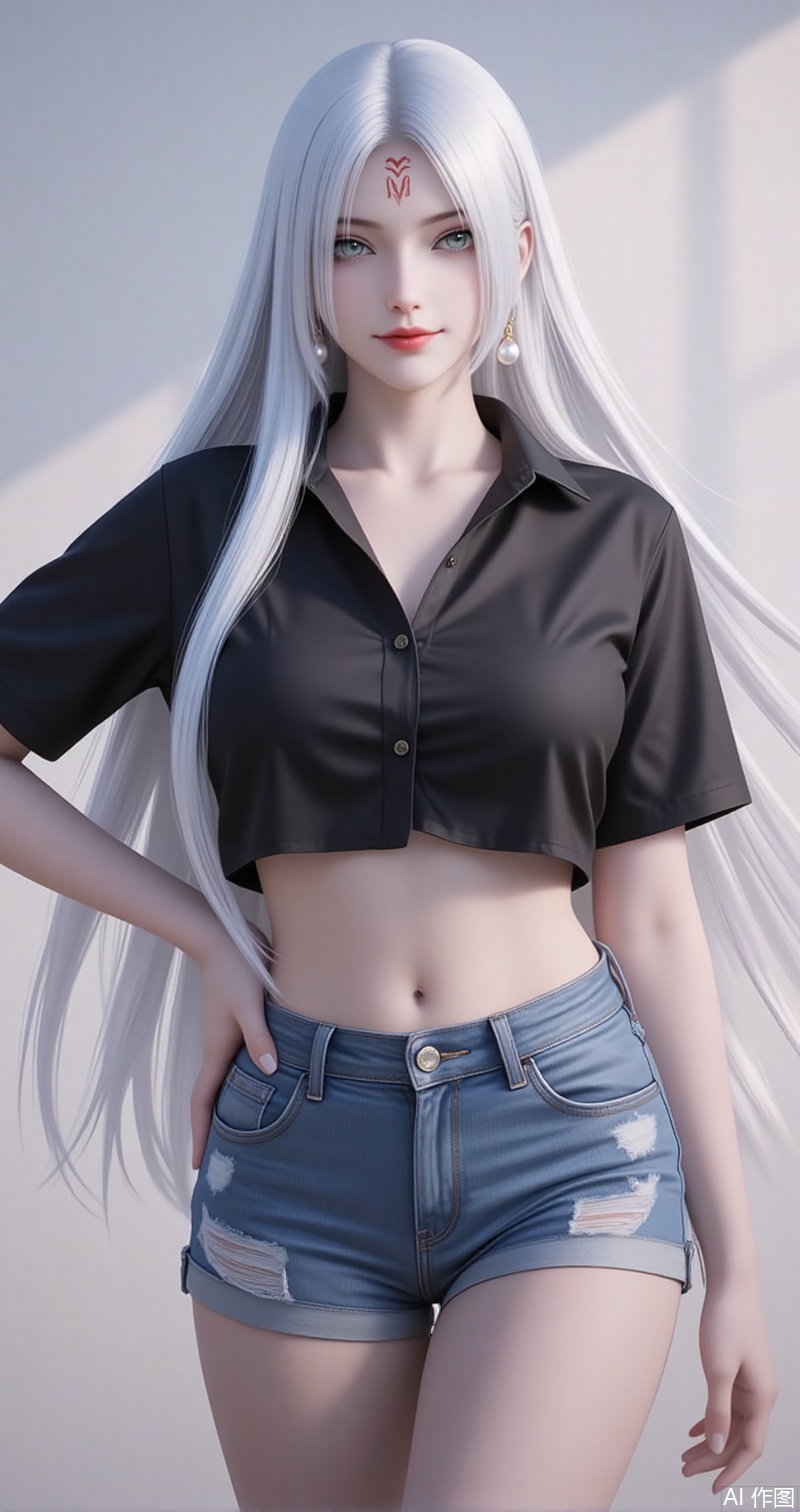 lvjing,baoshi,xiaobai,solo,long hair,white hair,1girl,facial mark,forehead mark,looking at viewer,red lips,lips,green eyes,closed mouth,makeup,parted bangs,parted lips,
1girl,solo,shorts,earrings,jewelry,navel,crop top,shirt,midriff,cropped shirt,breasts,short shorts,black shirt,denim,looking at viewer,denim shorts,smile,hand on own hip,short sleeves,cowboy shot,large breasts,collarbone,blue shorts,closed mouth,pearl earrings,stomach,cutoffs,thighs,standing,27,cover,simple background,gradient background,close-up details,outstanding style,adding a touch of dimension to your images without compromising details,close-up,