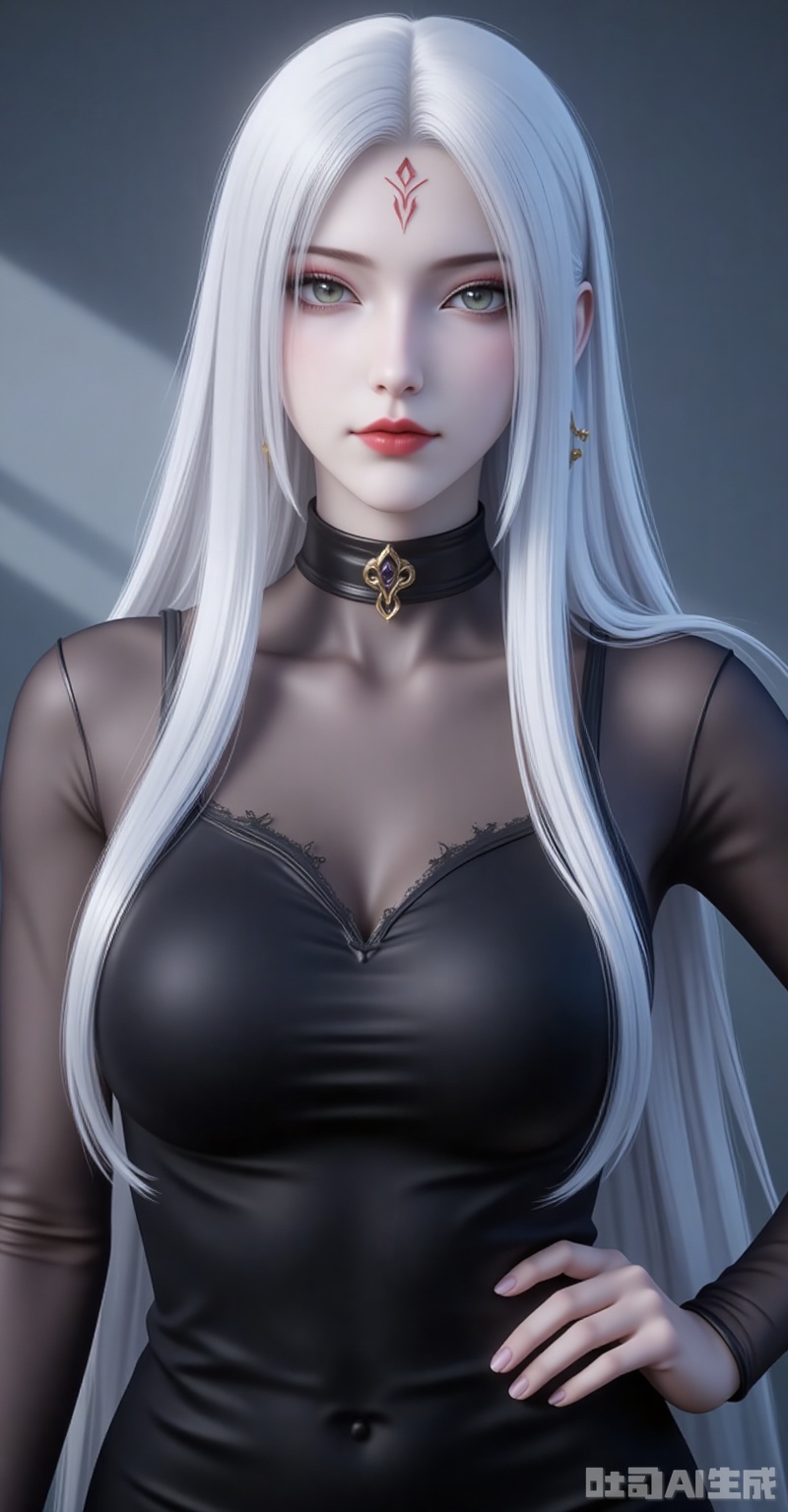 xiaobai,solo,long hair,white hair,1girl,facial mark,forehead mark,looking at viewer,red lips,lips,green eyes,closed mouth,makeup,parted bangs,parted lips,
1girl,solo,jewelry,earrings,see-through,dress,upper body,black dress,hand on own hip,breasts,see-through sleeves, 
cover,gradient background,close-up details,outstanding style,adding a touch of dimension to your images without compromising details,close-up,,lvjing,,