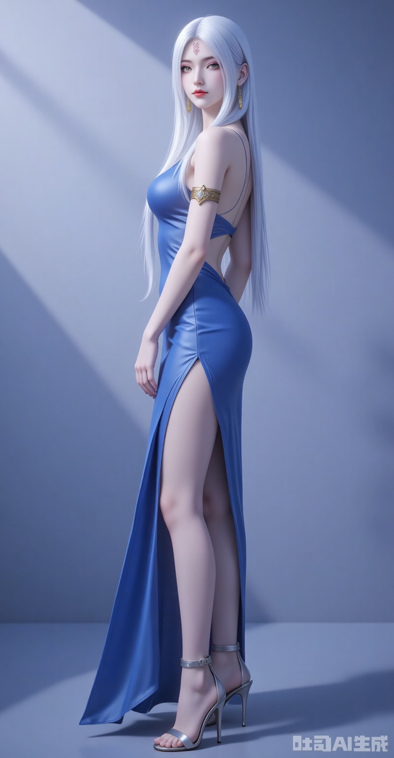 xiaobai,solo,long hair,white hair,1girl,facial mark,forehead mark,looking at viewer,red lips,lips,green eyes,closed mouth,makeup,parted bangs,parted lips,
1girl,dress,solo,high heels,blue dress,jewelry,breasts,full body,earrings,backless dress,standing,from side,legs,backless outfit,bare shoulders,ass,looking at viewer,armlet,sandals,bare legs,side slit,
cover,gradient background,close-up details,outstanding style,adding a touch of dimension to your images without compromising details,close-up,,lvjing,,