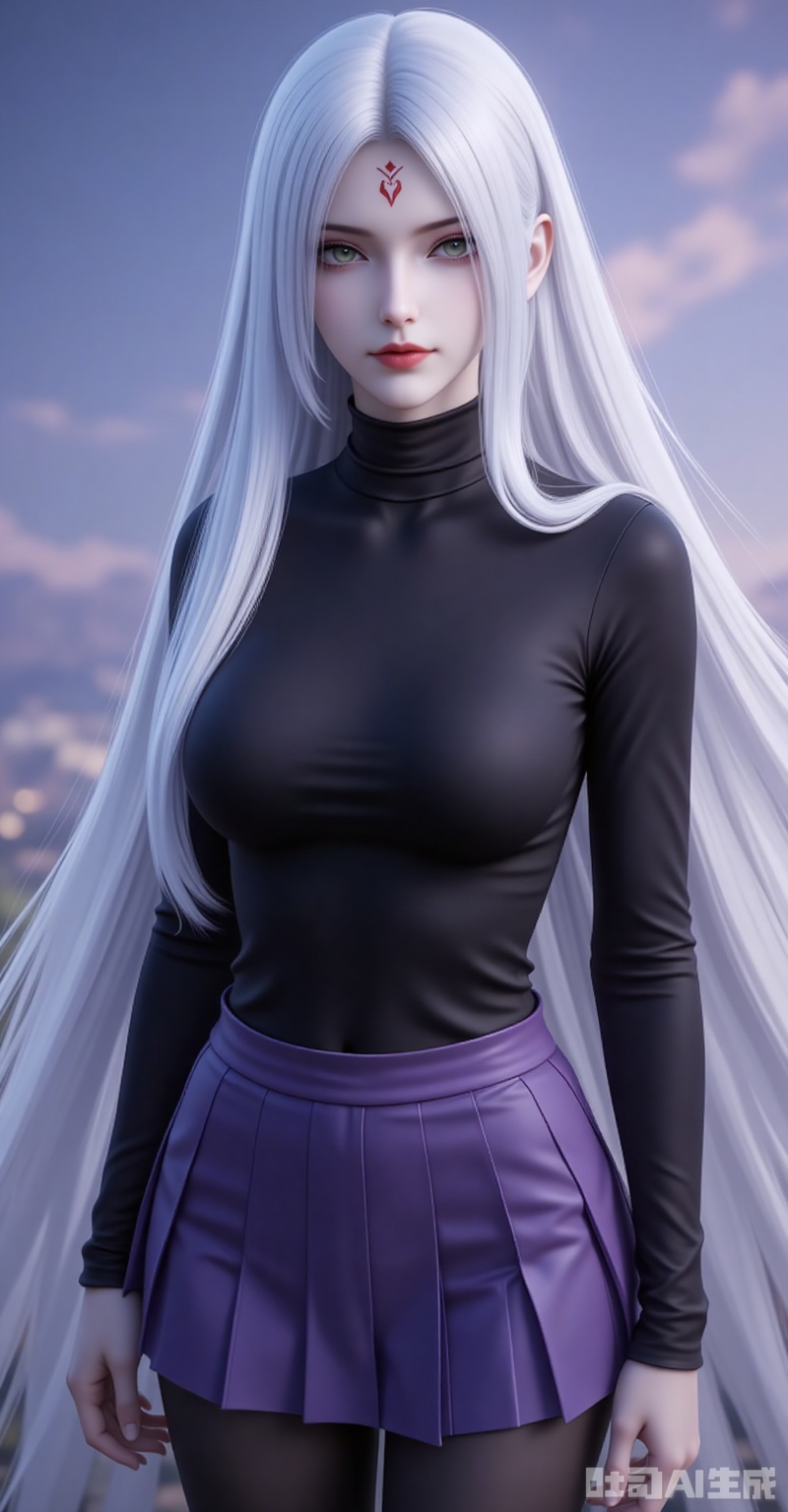 xiaobai,solo,long hair,white hair,1girl,facial mark,forehead mark,looking at viewer,red lips,lips,green eyes,closed mouth,makeup,parted bangs,parted lips,
1girl,breasts,skirt,solo,pantyhose,large breasts,purple skirt,covered navel,long sleeves,taut clothes,miniskirt,pleated skirt,turtleneck,black shirt,shirt,black pantyhose,taut shirt,
cover,gradient background,close-up details,outstanding style,adding a touch of dimension to your images without compromising details,close-up,,lvjing,,