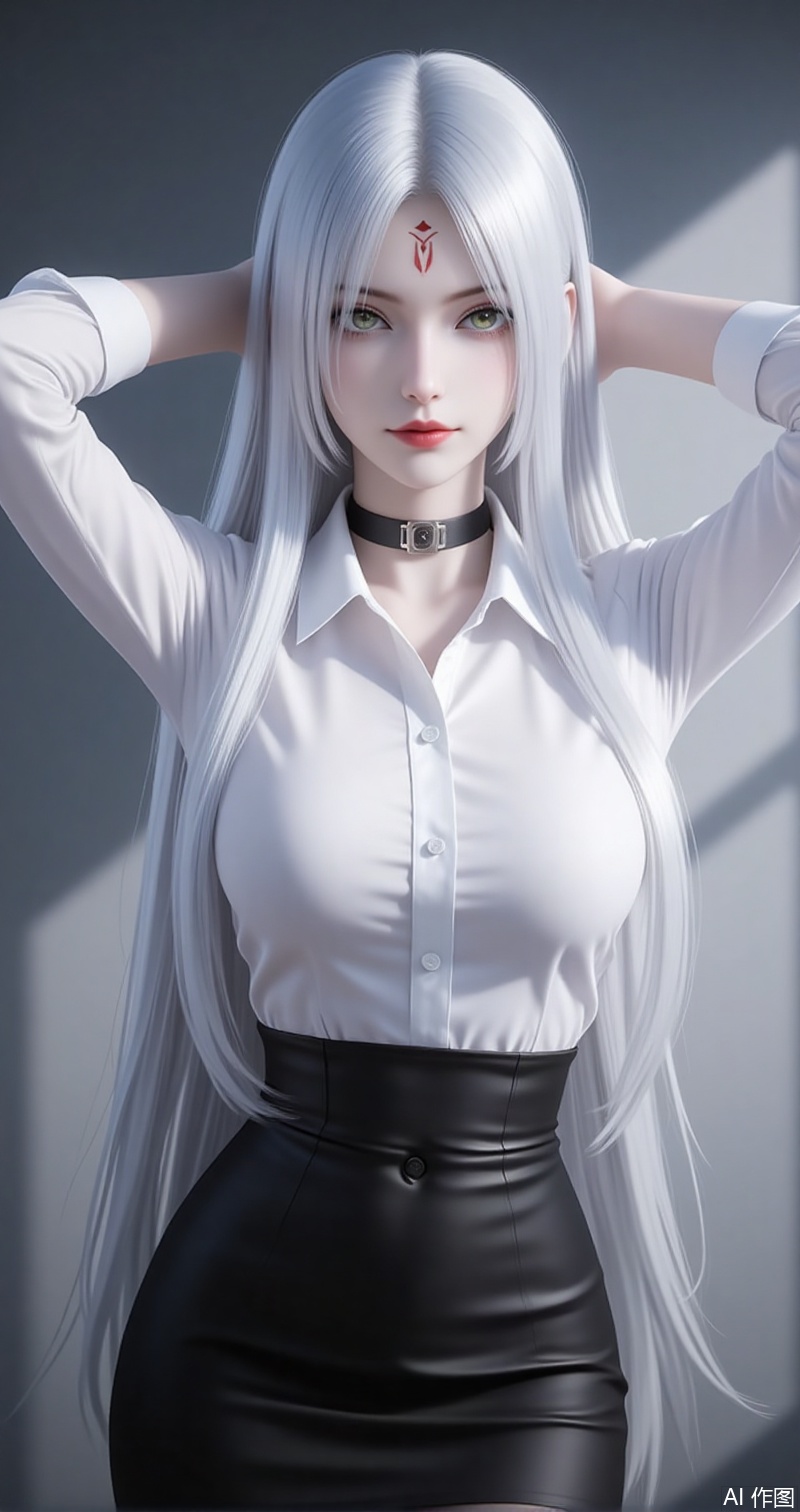 lvjing,baoshi,xiaobai,solo,long hair,white hair,1girl,facial mark,forehead mark,looking at viewer,red lips,lips,green eyes,closed mouth,makeup,parted bangs,parted lips,
1girl,solo,shirt,pencil skirt,skirt,white shirt,black skirt,looking at viewer,collared shirt,collar,thighhighs,long sleeves,arms up,arms behind head,choker,breasts,high-waist skirt,red lips,office lady,lips,standing,cowboy shot,indoors,buttons,black thighhighs,dress shirt,realistic,black choker,cover,simple background,gradient background,close-up details,outstanding style,adding a touch of dimension to your images without compromising details,close-up,