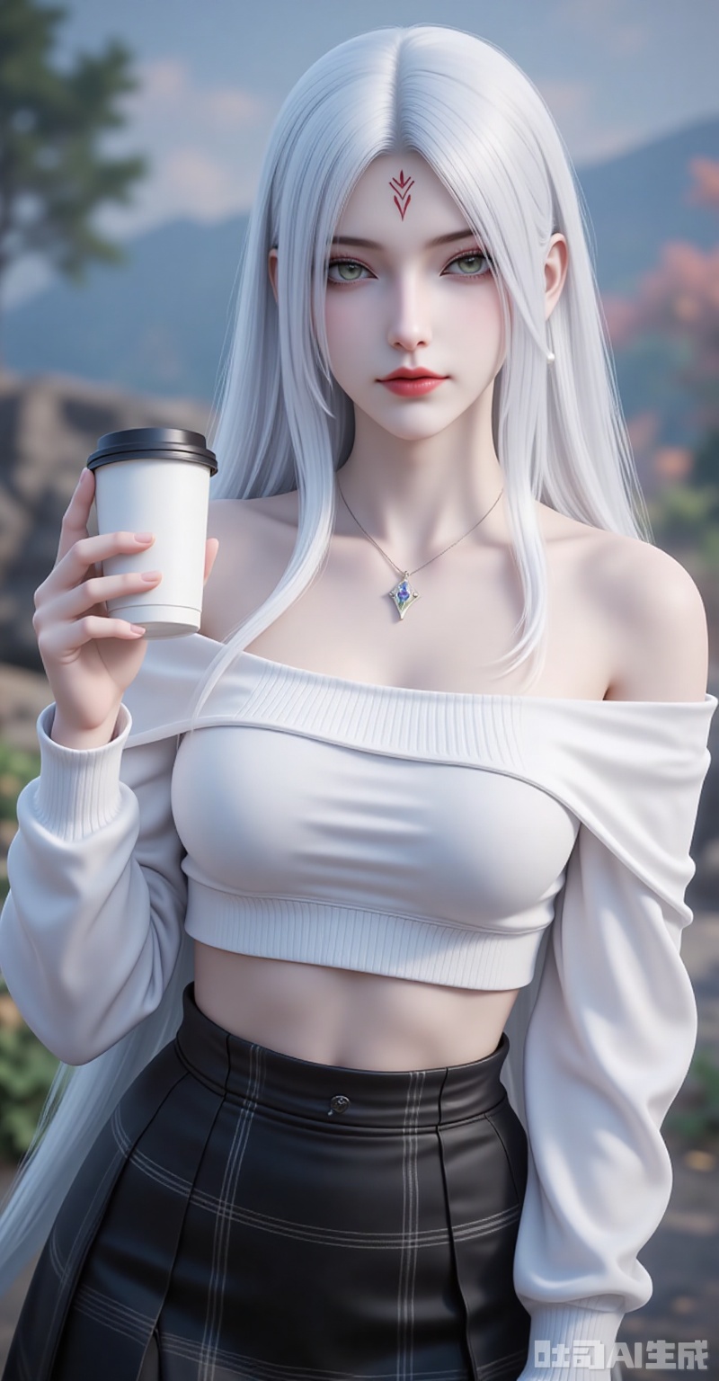 xiaobai,solo,long hair,white hair,1girl,facial mark,forehead mark,looking at viewer,red lips,lips,green eyes,closed mouth,makeup,parted bangs,parted lips,
1girl,solo,skirt,off shoulder,off-shoulder sweater,jewelry,white sweater,necklace,cup,bare shoulders,holding,sweater,disposable cup,breasts,black skirt,plaid skirt,collarbone,plaid,blurry background,crop top,holding cup,blurry,midriff,long sleeves,large breasts,
cover,gradient background,close-up details,outstanding style,adding a touch of dimension to your images without compromising details,close-up,,lvjing,,