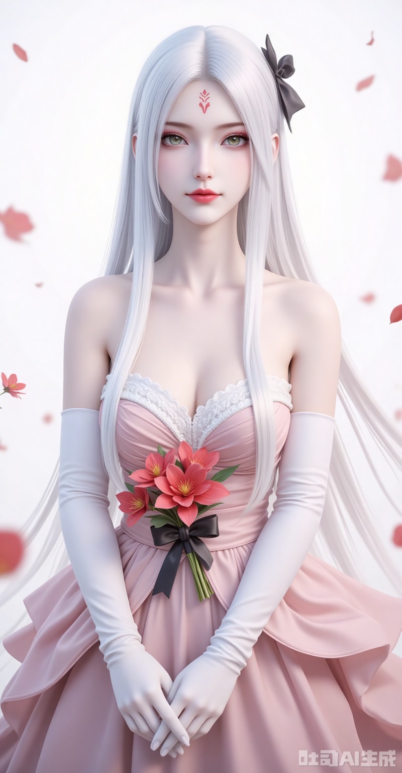 xiaobai,solo,long hair,white hair,1girl,facial mark,forehead mark,looking at viewer,red lips,lips,green eyes,closed mouth,makeup,parted bangs,parted lips,
elbow_gloves,frilled_skirt,holding_bouquet,highres,cherry_blossoms,strapless_dress,white_gloves,looking_at_viewer,red_flower,solo,collarbone,own_hands_together,:d,white_background,backlighting,black_bow,bare_shoulders,frilled_dress,hair_bow,wedding_dress,commentary_request,1girl,petals,simple_background,blush,cowboy_shot,
cover,gradient background,close-up details,outstanding style,adding a touch of dimension to your images without compromising details,close-up,,lvjing,,