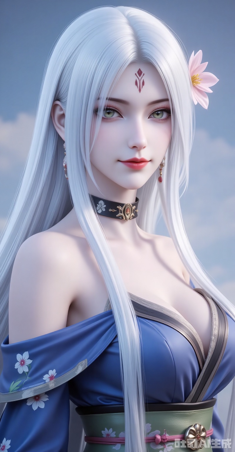 xiaobai,solo,long hair,white hair,1girl,facial mark,forehead mark,looking at viewer,red lips,lips,green eyes,closed mouth,makeup,parted bangs,parted lips,
1girl,breasts,solo,japanese clothes,hair ornament,kimono,flower,hair flower,sash,blue kimono,large breasts,choker,looking at viewer,cleavage,bare shoulders,obi,off shoulder,earrings,smile,jewelry,floral print,closed mouth,makeup,from side,long sleeves,
cover,gradient background,close-up details,outstanding style,adding a touch of dimension to your images without compromising details,close-up,,lvjing,,