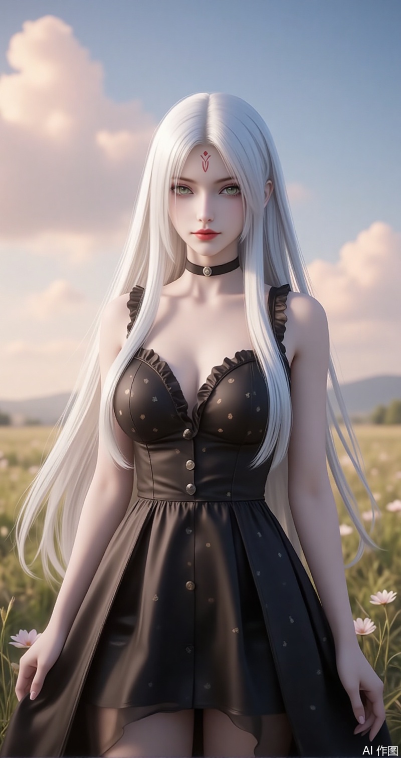 lvjing,baoshi,xiaobai,solo,long hair,white hair,1girl,facial mark,forehead mark,looking at viewer,red lips,lips,green eyes,closed mouth,makeup,parted bangs,parted lips,
1girl, breasts, solo, dress, polka dot, flower, sleeveless, large breasts, outdoors, bare shoulders, sky, polka dot dress, sleeveless dress, black dress, bare arms, frills, cloud, lips, sunset, arms at sides, grass, field,23, cover,simple background,gradient_background,Close-up details,outstanding style,adding a touch of dimension to your images without compromising details,close-up,