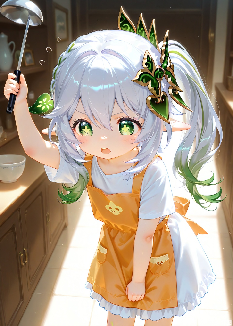 oli,petite,cute,kawai,little girl,little kid,underage,aged_down,aged_down,aged_down,child,loli,loli,lolimasterpiece,best quality,high quality,loli,chromatic_aberration,cxshadow,
//,
1girl,solo,elf girls,pointy_ears, small breast,green eyes, symbol-shaped pupils, cross-shaped pupils, white hair, green hair, bangs, hair ornament, gradient hair, side tonytail,braid,long dress,long skirt,nahida /(genshin impact/),nahida (genshin impact),nahida_(genshin_impact),indoors,standing,Lean forward,ladle, T-shirt, apron, angry, open mouth,holding,holding ladle,one arm up,The ladle is pointed at the audience.
//,
year_2023,year_2024,year_2025,