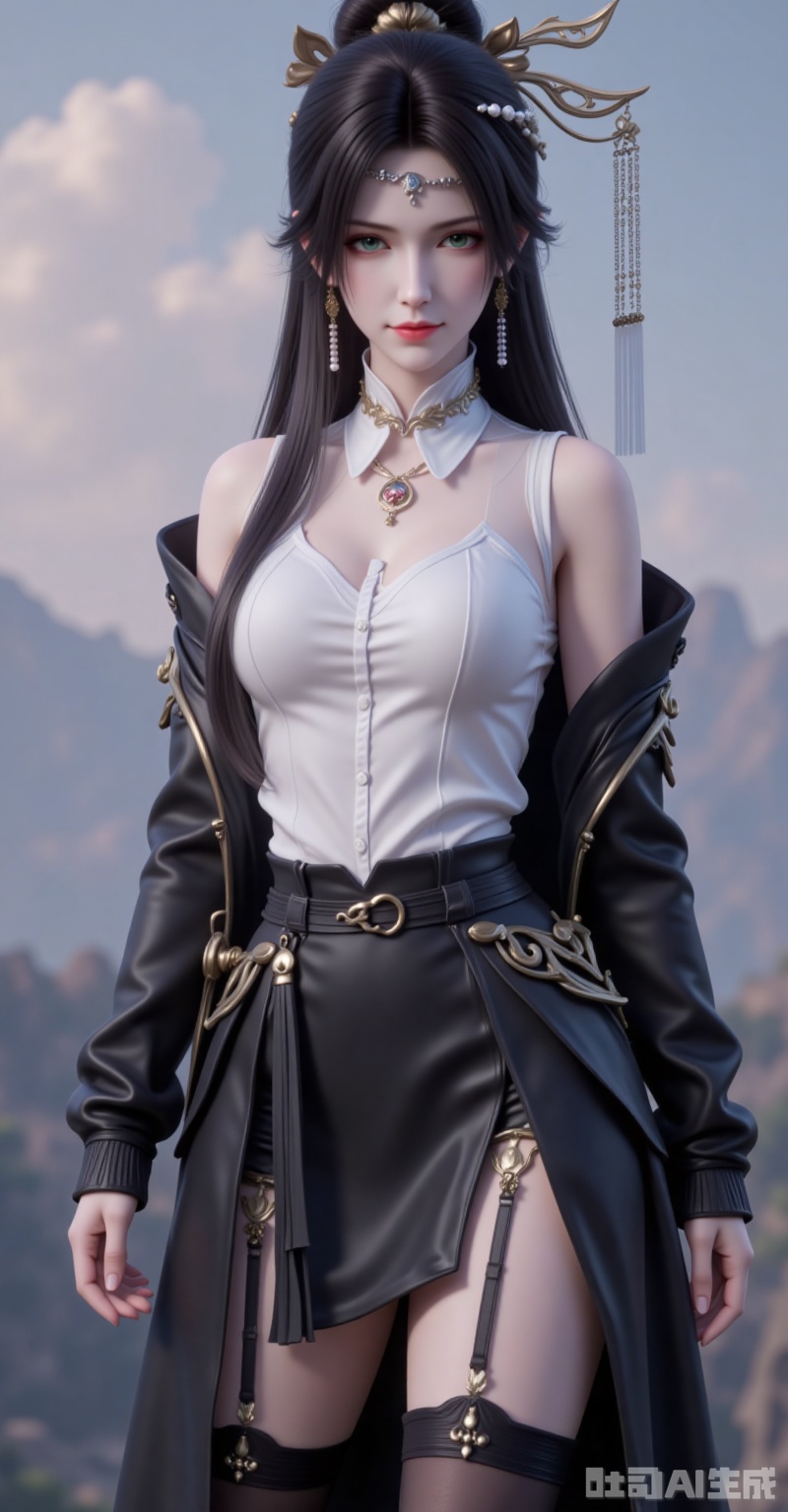 jinpinger,1girl,solo,hair ornament,jewelry,earrings,long hair,closed mouth,realistic,black hair,looking at viewer,smile,hair bun,green eyes,
white shirt,black jacket,pantyhose,asymmetrical legwear,bare shoulders,thigh boots black thighhighs,
cover,gradient background,close-up details,outstanding style,adding a touch of dimension to your images without compromising details,close-up,,lvjing,