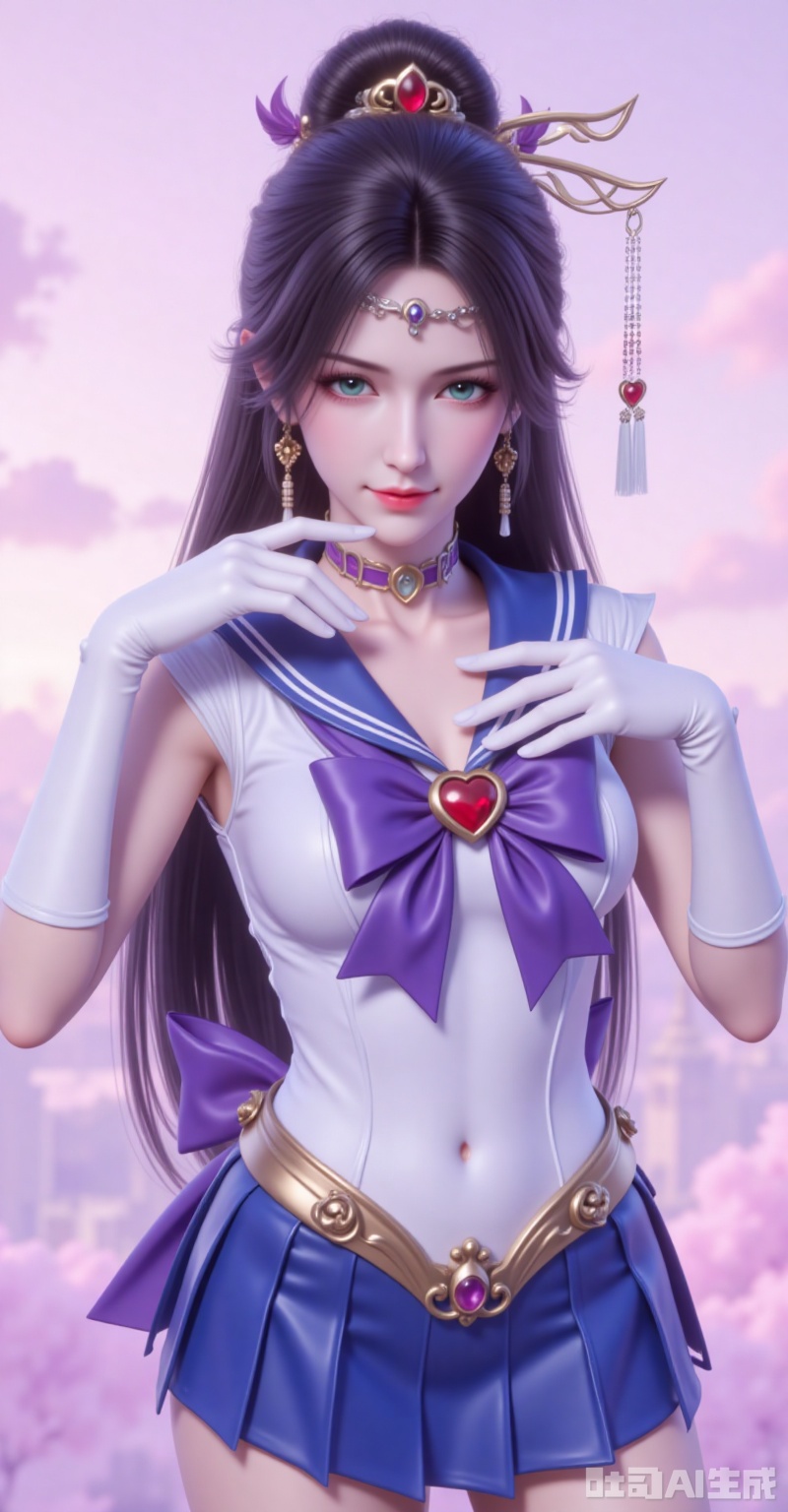 jinpinger,1girl,solo,hair ornament,jewelry,earrings,long hair,closed mouth,realistic,black hair,looking at viewer,smile,hair bun,green eyes,
1girl,sailor senshi uniform,solo,jewelry,skirt,gloves,earrings,blue skirt,white gloves,sailor collar,bow,breasts,choker,elbow gloves,magical girl,back bow,covered navel,pleated skirt,looking at viewer,brooch,purple bow,heart brooch,red choker,miniskirt,closed mouth,large breasts,collarbone,red gemstone,tiara,cowboy shot,
cover,gradient background,close-up details,outstanding style,adding a touch of dimension to your images without compromising details,close-up,,lvjing,