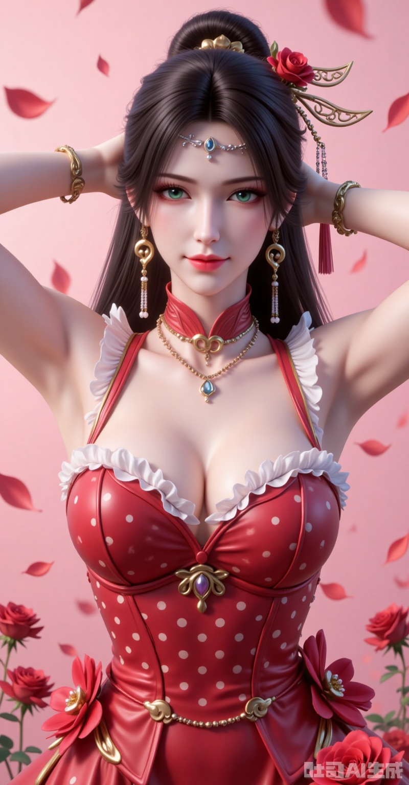 jinpinger,1girl,solo,hair ornament,jewelry,earrings,long hair,closed mouth,realistic,black hair,looking at viewer,smile,hair bun,green eyes,
1girl, breasts, solo, polka dot, flower, dress, rose, polka dot dress, large breasts, red flower, armpits, petals, red rose, arms up, sideboob, sleeveless, frills, rose petals,
cover,gradient background,close-up details,outstanding style,adding a touch of dimension to your images without compromising details,close-up,,lvjing,