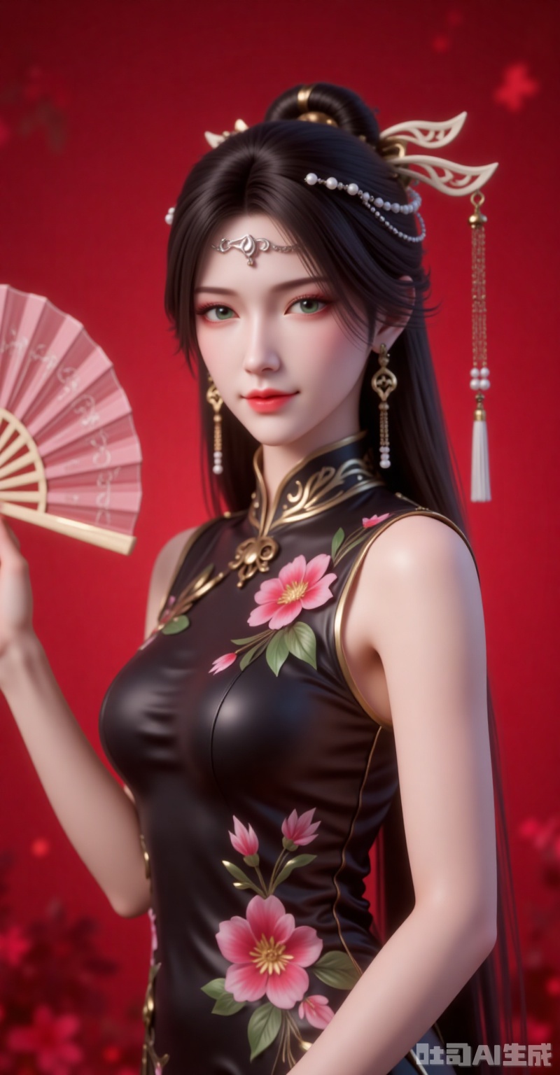 jinpinger,1girl,solo,hair ornament,jewelry,earrings,long hair,closed mouth,realistic,black hair,looking at viewer,smile,hair bun,green eyes,
1girl,dress,hand fan,holding,solo,earrings,jewelry,chinese clothes,china dress,black dress,holding fan,floral print,blurry,sleeveless,looking at viewer,sleeveless dress,red background,folding fan,standing,head tilt,2,
cover,gradient background,close-up details,outstanding style,adding a touch of dimension to your images without compromising details,close-up,,lvjing,