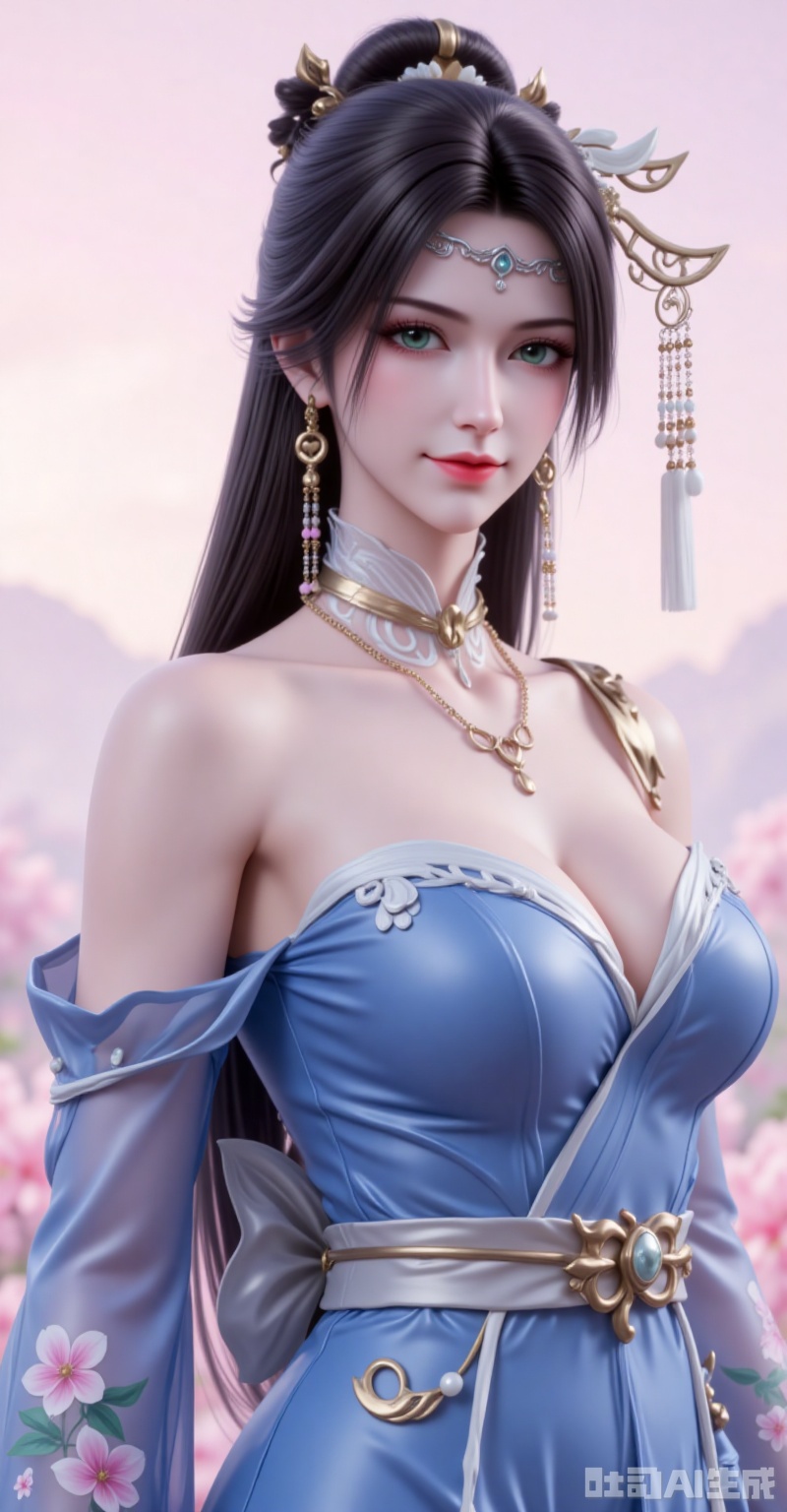 jinpinger,1girl,solo,hair ornament,jewelry,earrings,long hair,closed mouth,realistic,black hair,looking at viewer,smile,hair bun,green eyes, 1girl,breasts,solo,japanese clothes,hair ornament,kimono,flower,hair flower,sash,blue kimono,large breasts,choker,looking at viewer,cleavage,bare shoulders,obi,off shoulder,earrings,smile,jewelry,floral print,closed mouth,makeup,from side,long sleeves, cover,gradient background,close-up details,outstanding style,adding a touch of dimension to your images without compromising details,close-up,lvjing,guoman