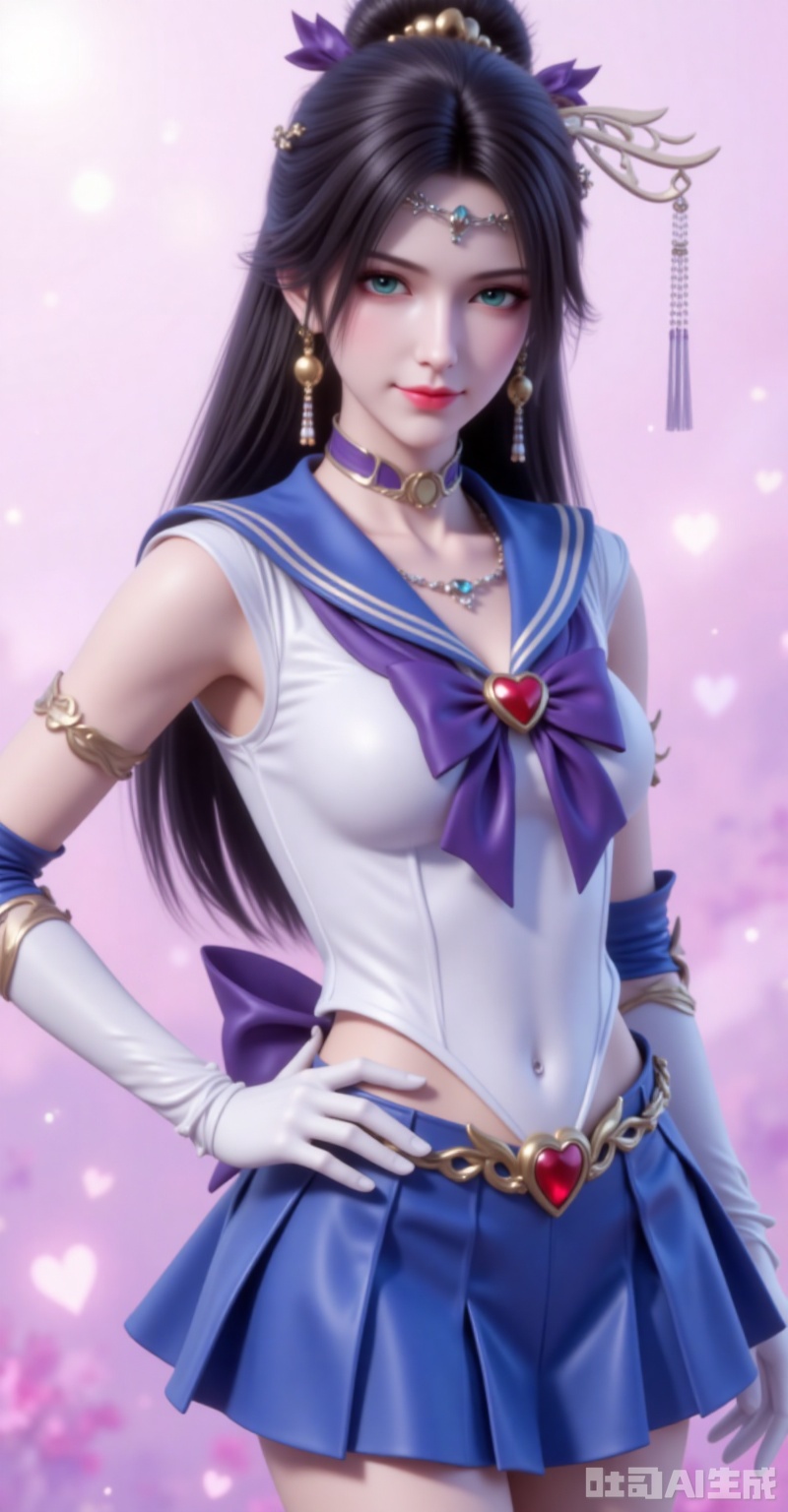 jinpinger,1girl,solo,hair ornament,jewelry,earrings,long hair,closed mouth,realistic,black hair,looking at viewer,smile,hair bun,green eyes,
1girl,sailor senshi uniform,solo,jewelry,skirt,gloves,earrings,blue skirt,white gloves,sailor collar,bow,breasts,choker,elbow gloves,magical girl,back bow,covered navel,pleated skirt,looking at viewer,brooch,purple bow,heart brooch,red choker,miniskirt,closed mouth,large breasts,collarbone,red gemstone,tiara,cowboy shot,
cover,gradient background,close-up details,outstanding style,adding a touch of dimension to your images without compromising details,close-up,,lvjing,