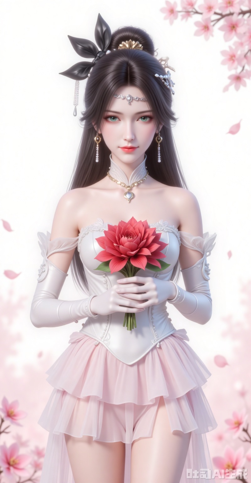 jinpinger,1girl,solo,hair ornament,jewelry,earrings,long hair,closed mouth,realistic,black hair,looking at viewer,smile,hair bun,green eyes,
elbow_gloves,frilled_skirt,holding_bouquet,highres,cherry_blossoms,strapless_dress,white_gloves,looking_at_viewer,red_flower,solo,collarbone,own_hands_together,:d,white_background,backlighting,black_bow,bare_shoulders,frilled_dress,hair_bow,wedding_dress,commentary_request,1girl,petals,simple_background,blush,cowboy_shot,
cover,gradient background,close-up details,outstanding style,adding a touch of dimension to your images without compromising details,close-up,,lvjing,