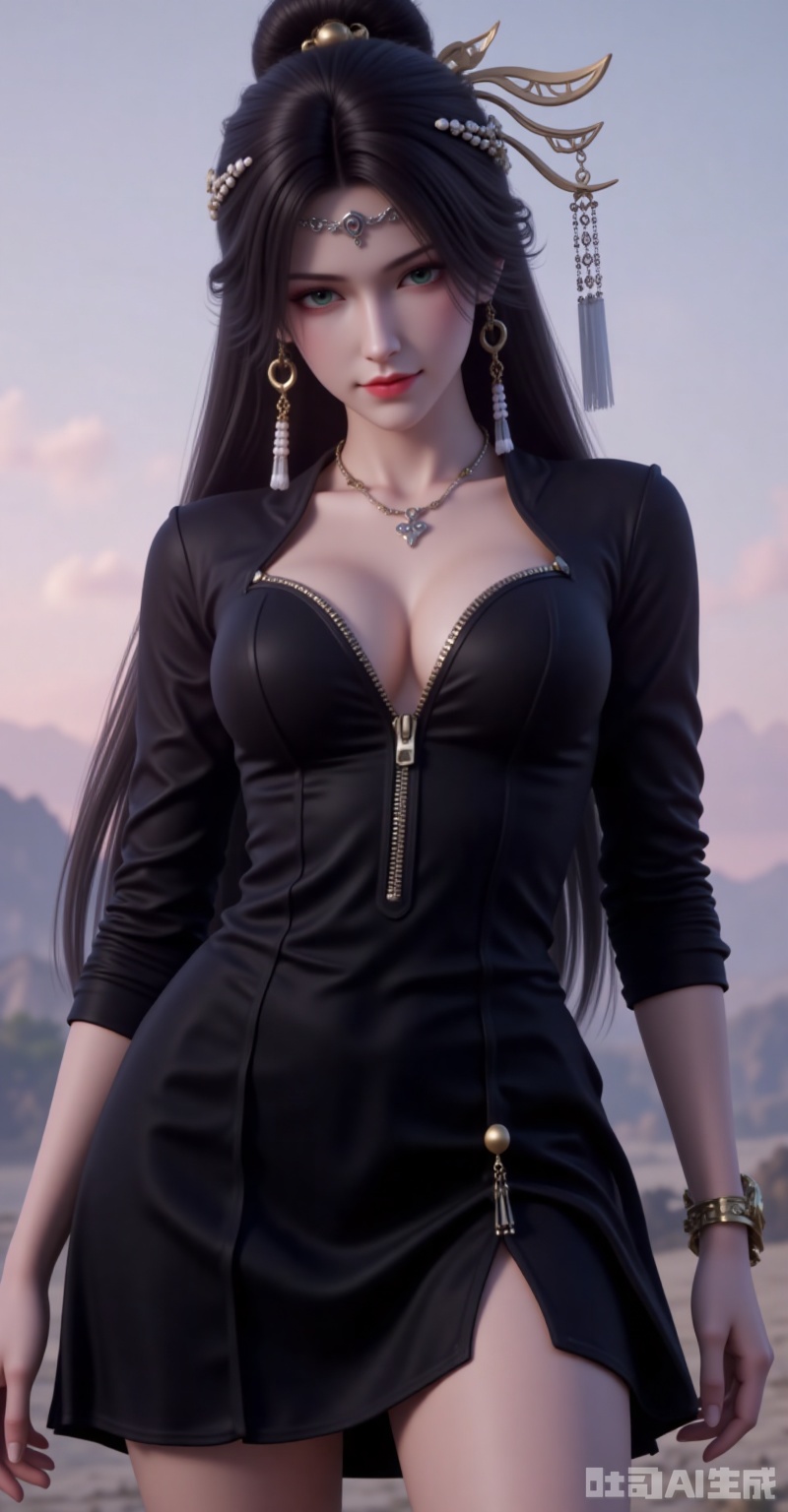 jinpinger,1girl,solo,hair ornament,jewelry,earrings,long hair,closed mouth,realistic,black hair,looking at viewer,smile,hair bun,green eyes,
1girl,solo,breasts,cleavage,dress,large breasts,black dress,cowboy shot,partially unzipped,short dress,zipper,looking at viewer,long sleeves,simple background,arms at sides,
cover,gradient background,close-up details,outstanding style,adding a touch of dimension to your images without compromising details,close-up,,lvjing,