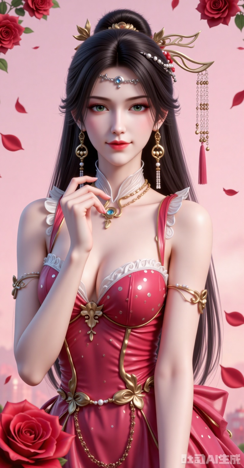 jinpinger,1girl,solo,hair ornament,jewelry,earrings,long hair,closed mouth,realistic,black hair,looking at viewer,smile,hair bun,green eyes,
1girl, breasts, solo, polka dot, flower, dress, rose, polka dot dress, large breasts, red flower, armpits, petals, red rose, arms up, sideboob, sleeveless, frills, rose petals,
cover,gradient background,close-up details,outstanding style,adding a touch of dimension to your images without compromising details,close-up,,lvjing,