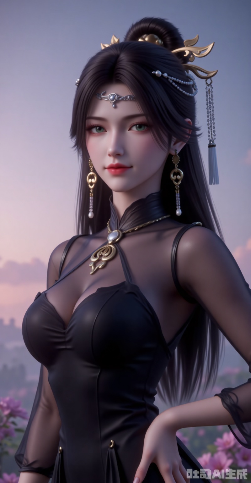 jinpinger,1girl,solo,hair ornament,jewelry,earrings,long hair,closed mouth,realistic,black hair,looking at viewer,smile,hair bun,green eyes,
1girl,solo,jewelry,earrings,see-through,dress,upper body,black dress,hand on own hip,breasts,see-through sleeves, 
cover,gradient background,close-up details,outstanding style,adding a touch of dimension to your images without compromising details,close-up,,lvjing,