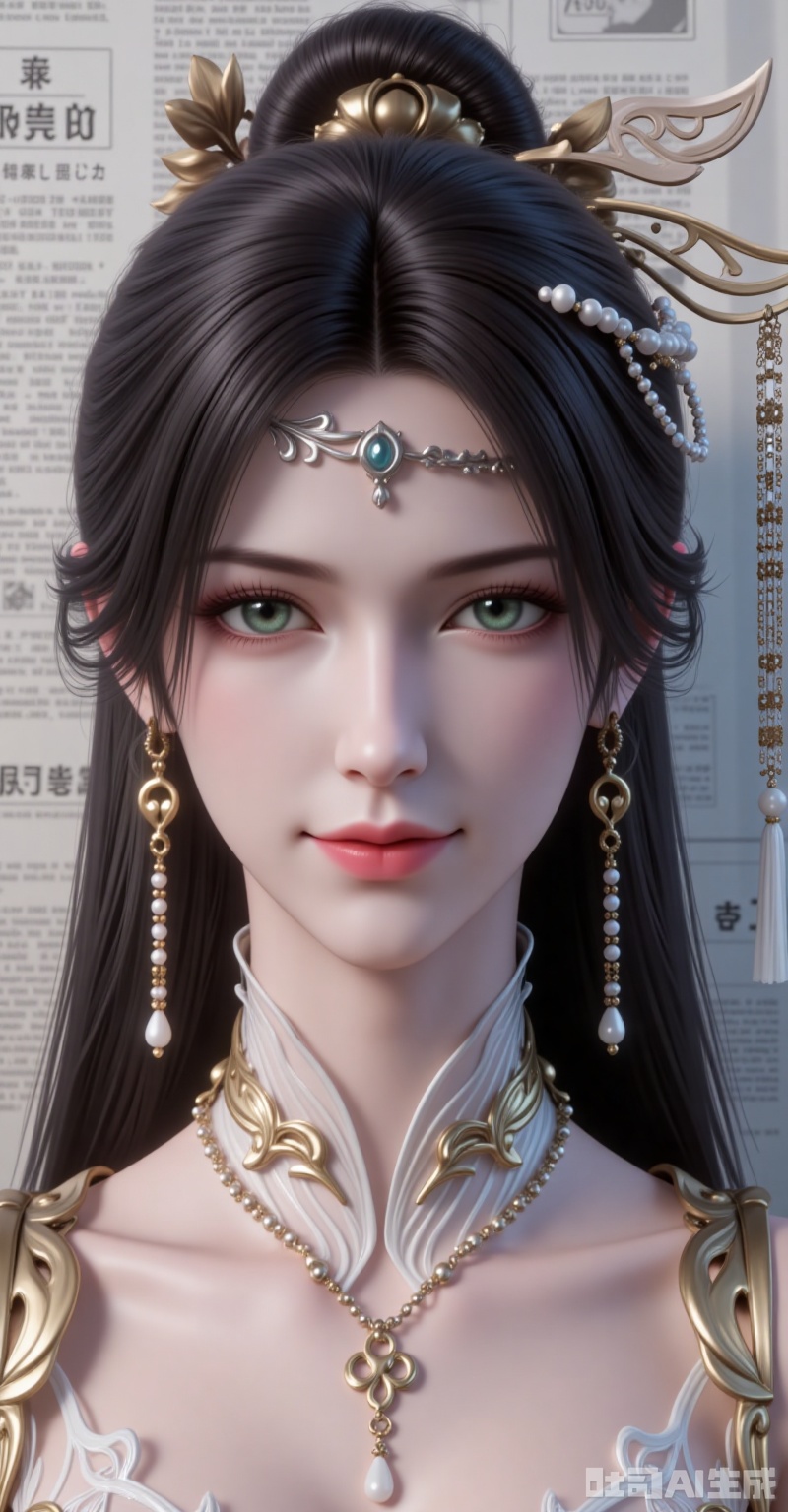 jinpinger,1girl,solo,hair ornament,jewelry,earrings,long hair,closed mouth,realistic,black hair,looking at viewer,smile,hair bun,green eyes,cover,gradient background,close-up details,outstanding style,adding a touch of dimension to your images without compromising details,close-up,,lvjing,,baoshi,,baozhi,paper,newspaper,the newspaper wall,newspaper background,