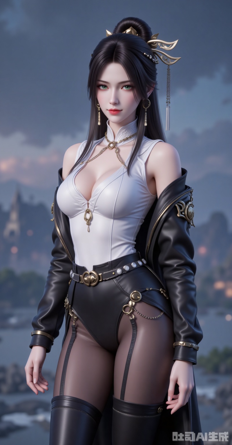 jinpinger,1girl,solo,hair ornament,jewelry,earrings,long hair,closed mouth,realistic,black hair,looking at viewer,smile,hair bun,green eyes,
white shirt,black jacket,pantyhose,asymmetrical legwear,bare shoulders,thigh boots black thighhighs,
cover,gradient background,close-up details,outstanding style,adding a touch of dimension to your images without compromising details,close-up,,lvjing,