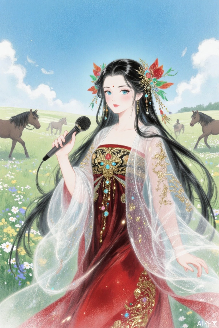 An animated image of a woman in a red dress with a white skirt. The woman is holding a black microphone in her right hand. She is wearing a colorful headdress on her head. The headdress is adorned with a red and green headdress. Her hair is long and black. Her eyes are blue and her mouth is slightly open. The background of the image is a grassy field with horses in it. There are white clouds in the sky above the field.