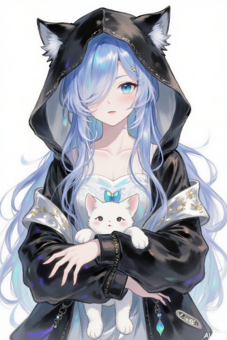 best-A,nachoneko,masterpiece, bestquality,solo,

1girl, hood, jacket, black_jacket, solo, hooded_jacket, animal_ears, animal_hood, blue_hair, fake_animal_ears, stuffed_toy, blue_eyes, white_camisole, white_background, long_sleeves, hood_up, bangs, cat_ears, upper_body, stuffed_animal, holding, long_hair, sleeves_past_wrists, hair_over_one_eye, puffy_sleeves, puffy_long_sleeves, camisole, cat_hood, looking_at_viewer, simple_background, blush, collarbone, holding_stuffed_toy, bow, open_mouth, open_jacket,stuffed_cat