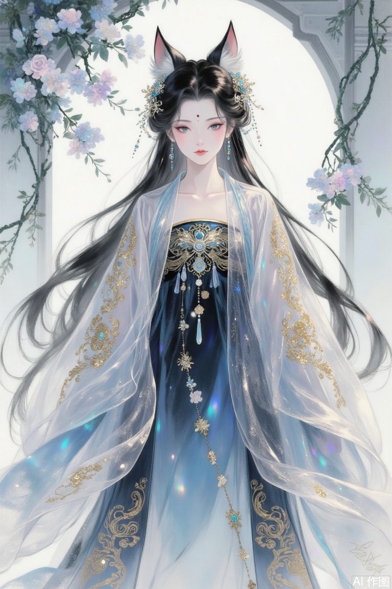  Cute sweet girl wearing Hanfu, wearing hair accessories, tulle, oracle yarn, solid color background