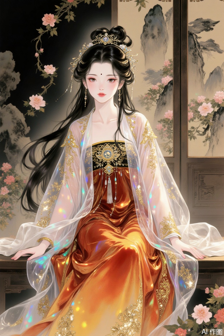 Realistic colored lead painting, clear feeling, hand-painted, matte, coarse particles, fluorescent dots, shiny outlines, a cute SD Chinese girl, ins lazy style, Hanfu long skirt, avatar, young face, macro lens, hair bun, tassel hair, messy hair, air bangs, broken hair, flowers, front face, slightly raised dopamine color matching, head up, ins avatar, lazy feeling, baby-like skin, avatar, delicate facial features, big eyes, French braided hair, the foreground is the blurred flowers, canna garden background