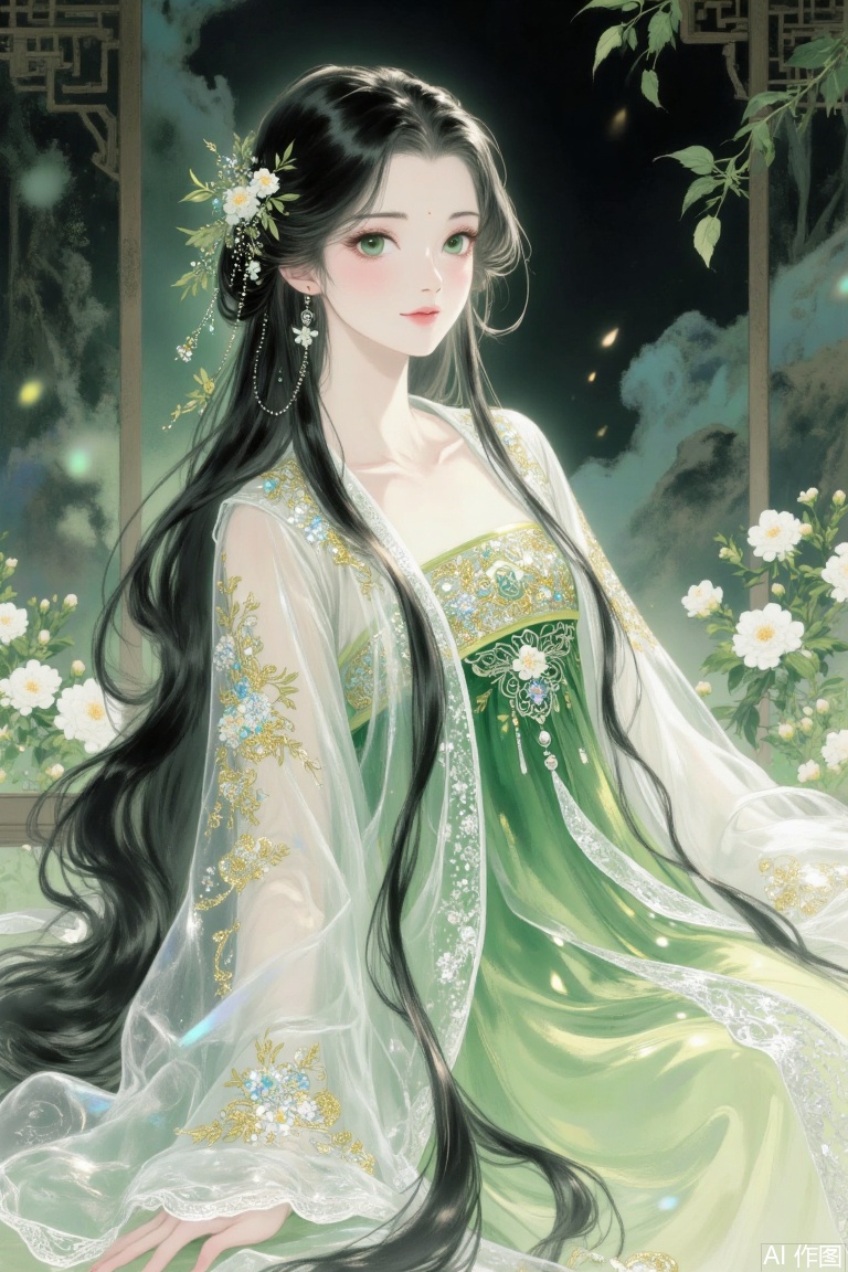 The image depicts a young woman with long, dark hair styled in a braid adorned with white flowers and green leaves. She is wearing a delicate, lace-trimmed garment that appears to be a traditional or formal attire. Her expression is serene, with large, expressive eyes and a subtle smile. The background features lush green foliage and blooming white flowers, creating a natural and serene setting. The overall style of the image is anime-inspired, with vibrant colors and intricate details.