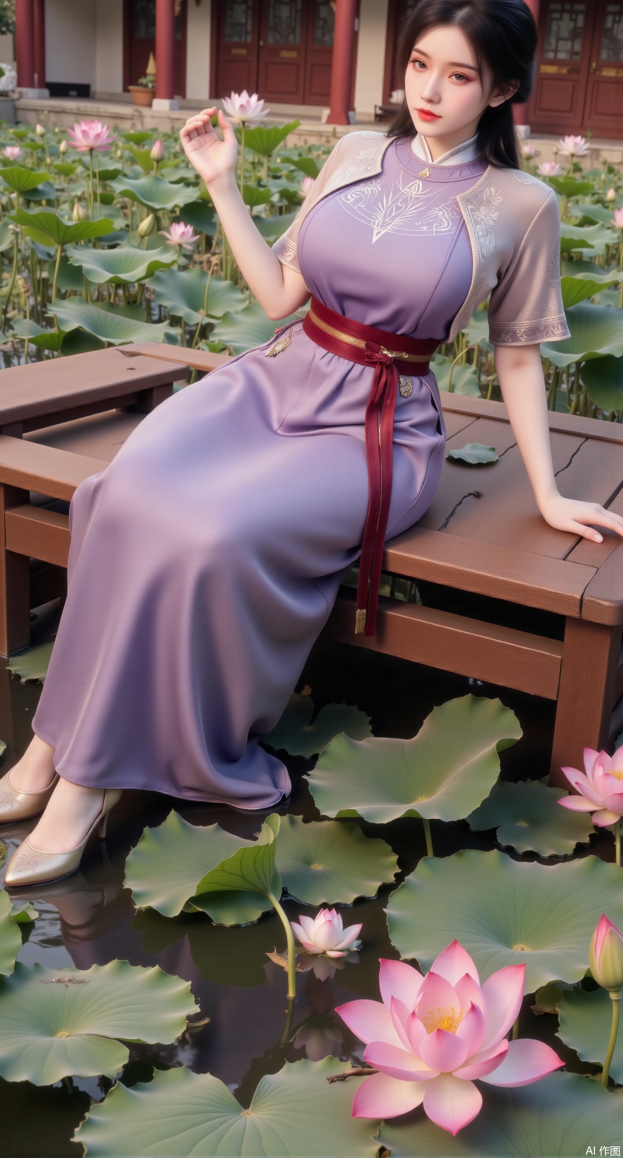 (masterpiece:1.2),best quality,The image is a digital illustration of a young woman sitting on a wooden bench in a pond with lily pads. She is wearing a long dress with design on the chest and sleeves. The dress has a high neckline and short sleeves,Holding a lotus in hand. She has long dark hair styled in loose waves and is wearing gold high heels. The woman is posing with one hand on her hip and the other resting on the edge of the bench. The background is filled with pink and white lotus flowers and green leaves. The overall mood of the image is peaceful and serene,(huge breasts:2.99),(full breasts:2.99),(Background with traditional Chinese architecture, lotus pond and pink lotus flowers:1.39),,Xmupeiling,XsongyuYK,XqiyueFHK,XheguangzhefandiYK,XxiaobaiNZYK,XlimuwanJCBYK,XmeijiK,XzhouruK,Xjinniang,Xliangpianqun