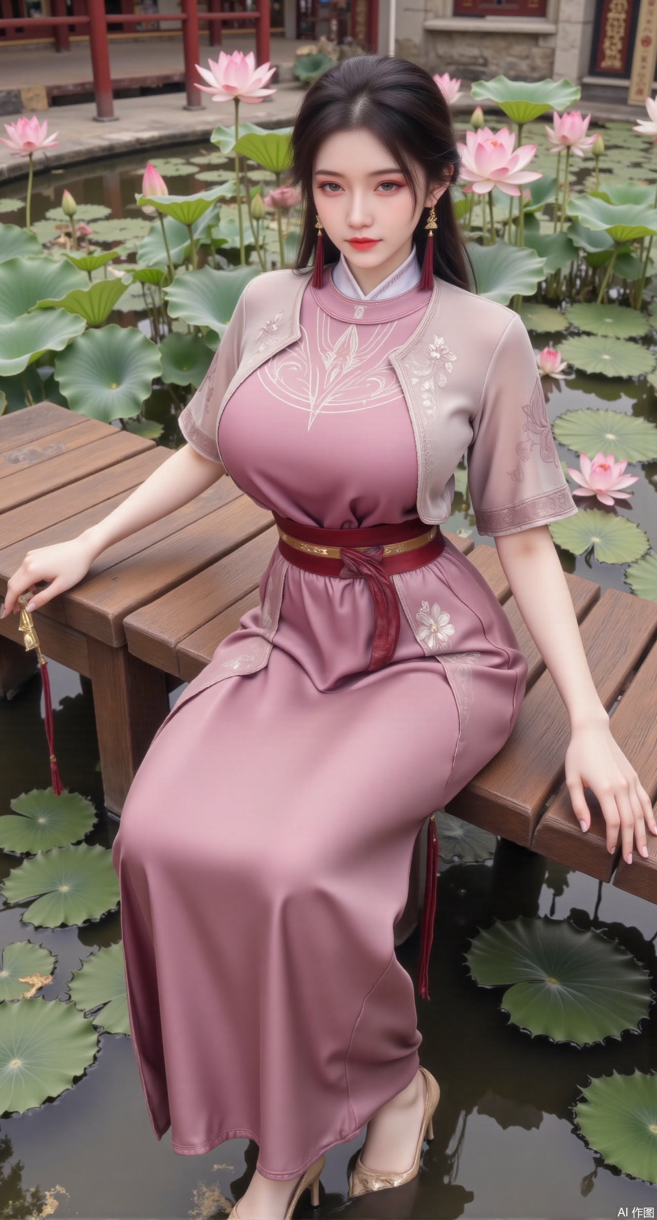 (masterpiece:1.2),best quality,The image is a digital illustration of a young woman sitting on a wooden bench in a pond with lily pads. She is wearing a long dress with design on the chest and sleeves. The dress has a high neckline and short sleeves,Holding a lotus in hand. She has long dark hair styled in loose waves and is wearing gold high heels. The woman is posing with one hand on her hip and the other resting on the edge of the bench. The background is filled with pink and white lotus flowers and green leaves. The overall mood of the image is peaceful and serene,(huge breasts:2.99),(full breasts:2.99),(Background with traditional Chinese architecture, lotus pond and pink lotus flowers:1.39),,Xmupeiling,XsongyuYK,XqiyueFHK,XheguangzhefandiYK,XxiaobaiNZYK,XlimuwanJCBYK,XmeijiK,XzhouruK,Xjinniang,Xliangpianqun