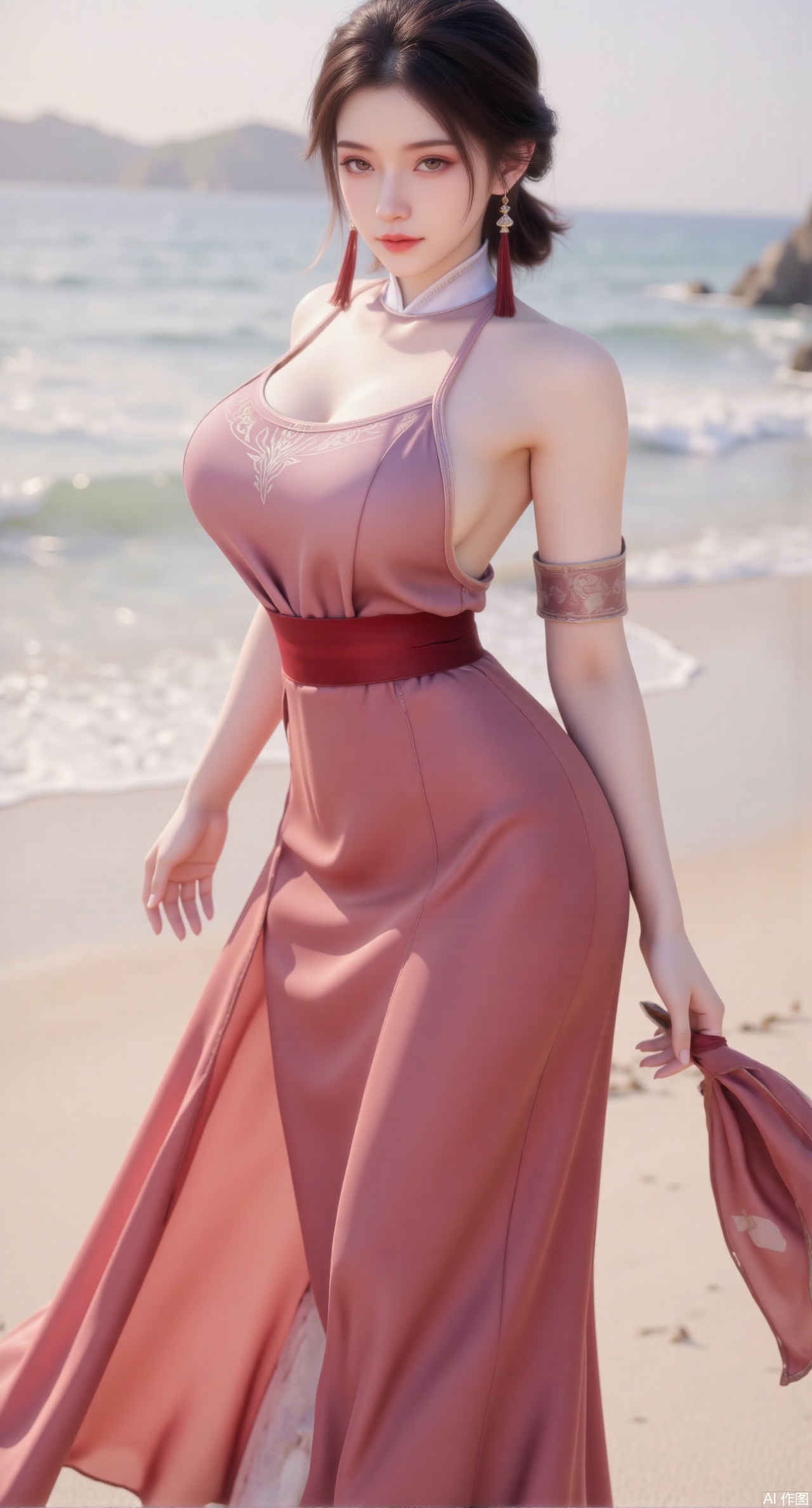 (masterpiece:1.2),best quality,(UE5.5,rendered with Unreal Engine 5,Unreal Engine 5,CG rendering:1.1),original,extremely detailed wallpaper,perfect lighting,1girl,solo,standing,(huge breasts:2.69),(full breasts:2.59),,looking at viewer,(cowboy_shot:1.1),long hair,high heels,blurry background,depth of field,motion blur,long dress,china_dress,chinese_style,bare shouders,crystal_earrings,headpiece,hair_tie,chest_jewel,gem,necklace,jewelry,in summer,day,outdoors,nature,sea,(rose,beach:1.49),(huge breasts:2.99),(full breasts:2.99),,Xmupeiling,XsongyuYK,XqiyueFHK,XheguangzhefandiYK,XxiaobaiNZYK,XlimuwanJCBYK,XmeijiK,XzhouruK,Xjinniang,Xliangpianqun