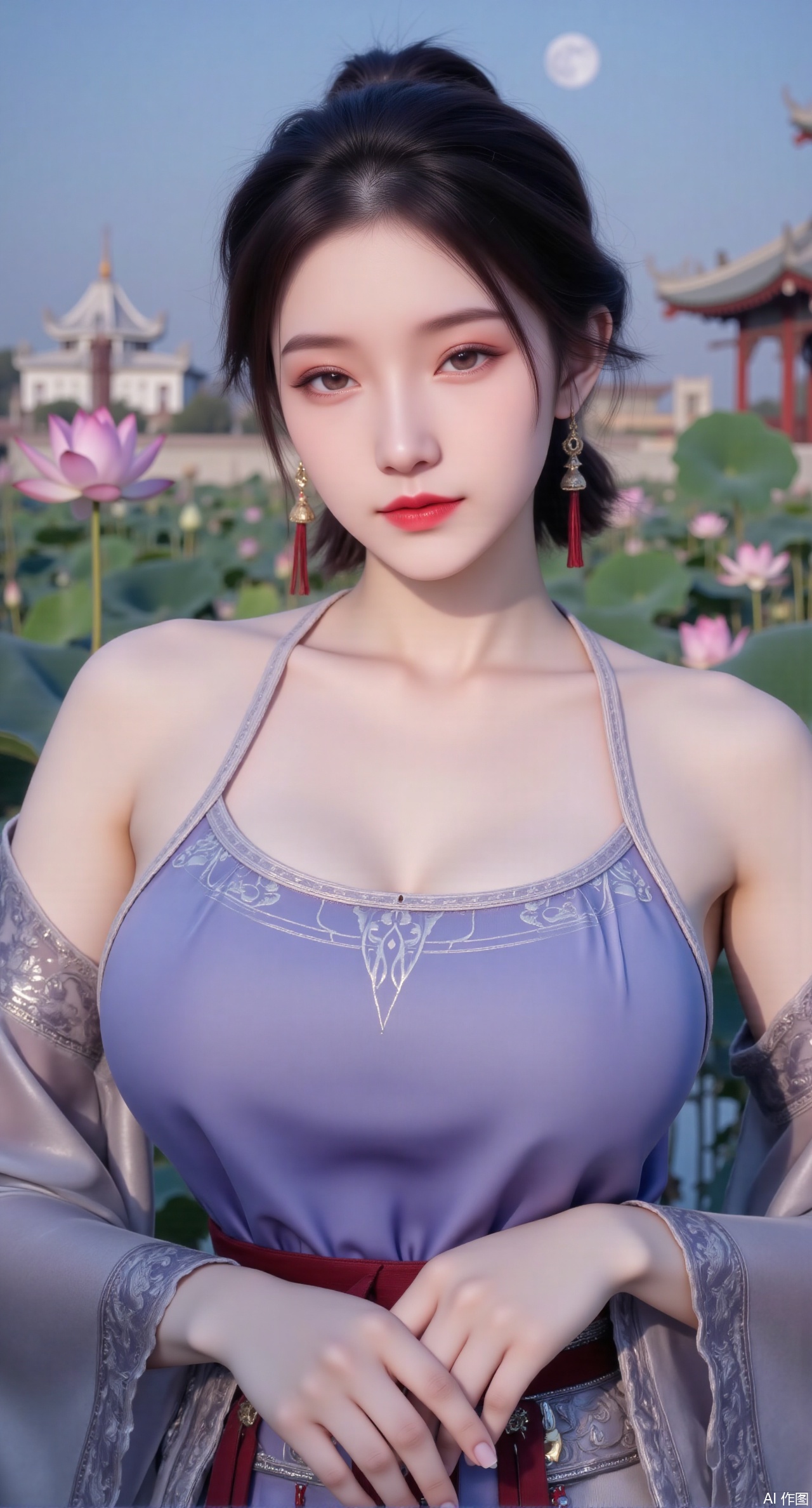 (masterpiece, best quality:1.2),1girl, navel, solo, midriff, bare shoulders, hair ornament,(long hair),(High double ponytail:1.49), red lips, BREAK, (looking at viewer:1.39), chinese clothes,(long dress:1.36), (lace:1.28), BREAK,blurry, solo focus, long hair, lips, daytime, lipstick, outdoors, standing,upper body,(huge breasts:2.99), (full breasts:2.99),background, solo, makeup,Xyunxiao,(Lotus,Water Lily,Blue sky,full moon:1.39),(Lotus pond,ancient Chinese architecture:1.39),Xmupeiling,XsongyuYK,XqiyueFHK,XheguangzhefandiYK,XxiaobaiNZYK,XlimuwanJCBYK,XmeijiK,XzhouruK,Xjinniang,Xliangpianqun