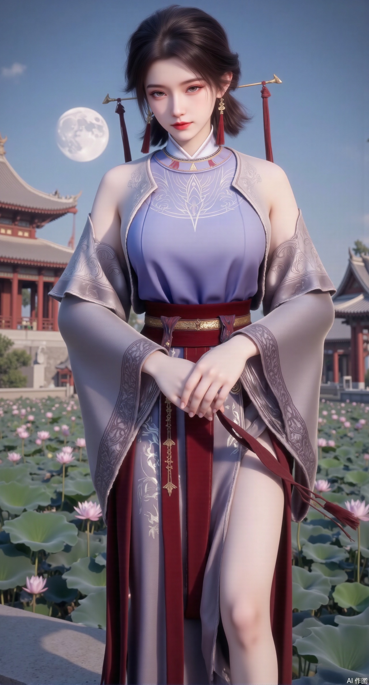(masterpiece, best quality:1.2),1girl, navel, solo, midriff, bare shoulders, hair ornament,(long hair),(High double ponytail:1.49), red lips, BREAK, (looking at viewer:1.39), chinese clothes,(long dress:1.36), (lace:1.28), BREAK,blurry, solo focus, long hair, lips, daytime, lipstick, outdoors, standing,upper body,(huge breasts:2.99), (full breasts:2.99),background, solo, makeup,Xyunxiao,(Lotus,Water Lily,Blue sky,full moon:1.39),(Lotus pond,ancient Chinese architecture:1.39),Xmupeiling,XsongyuYK,XqiyueFHK,XheguangzhefandiYK,XxiaobaiNZYK,XlimuwanJCBYK,XmeijiK,XzhouruK,Xjinniang,Xliangpianqun