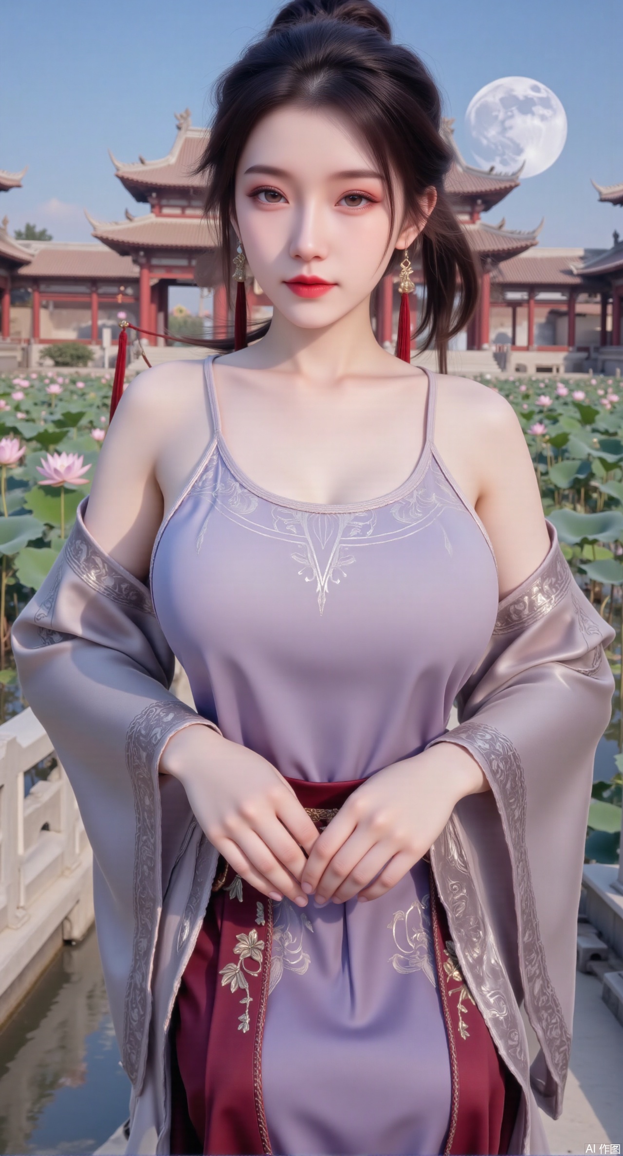 (masterpiece, best quality:1.2),1girl, navel, solo, midriff, bare shoulders, hair ornament,(long hair),(High double ponytail:1.49), red lips, BREAK, (looking at viewer:1.39), chinese clothes,(long dress:1.36), (lace:1.28), BREAK,blurry, solo focus, long hair, lips, daytime, lipstick, outdoors, standing,upper body,(huge breasts:2.99), (full breasts:2.99),background, solo, makeup,Xyunxiao,(Lotus,Water Lily,Blue sky,full moon:1.39),(Lotus pond,ancient Chinese architecture:1.39),Xmupeiling,XsongyuYK,XqiyueFHK,XheguangzhefandiYK,XxiaobaiNZYK,XlimuwanJCBYK,XmeijiK,XzhouruK,Xjinniang,Xliangpianqun