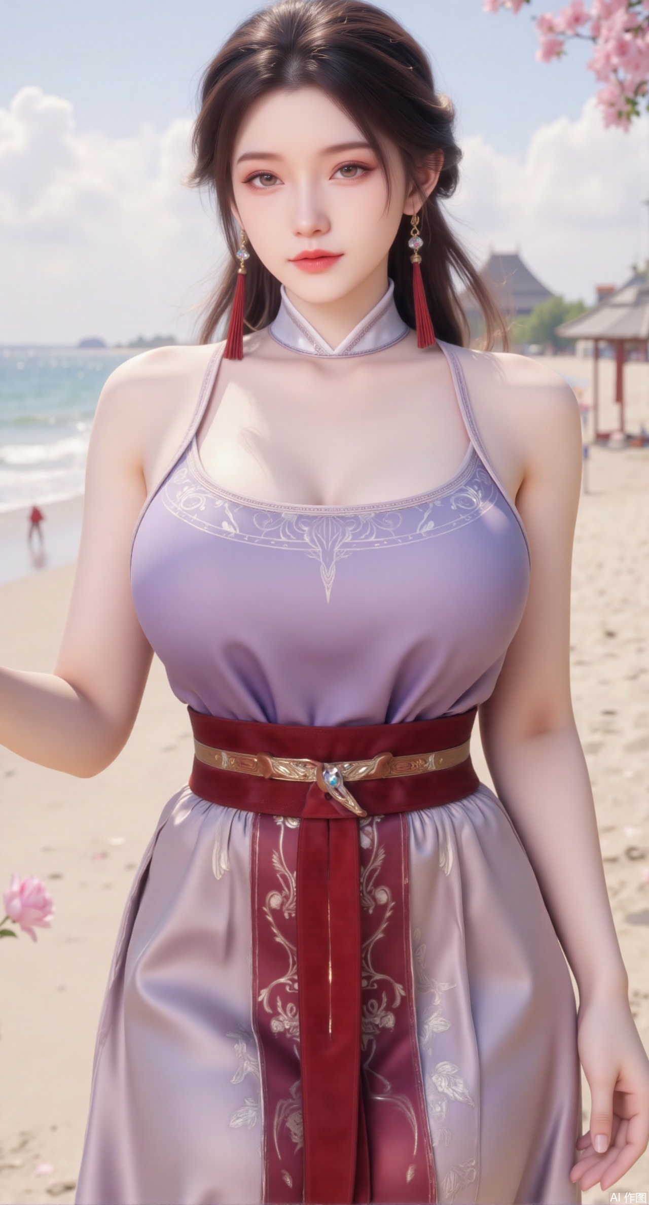 (masterpiece:1.2),best quality,(UE5.5,rendered with Unreal Engine 5,Unreal Engine 5,CG rendering:1.1),original,extremely detailed wallpaper,perfect lighting,1girl,solo,standing,(huge breasts:2.69),(full breasts:2.59),,looking at viewer,(cowboy_shot:1.1),long hair,high heels,blurry background,depth of field,motion blur,long dress,china_dress,chinese_style,bare shouders,crystal_earrings,headpiece,hair_tie,chest_jewel,gem,necklace,jewelry,in summer,day,outdoors,nature,sea,(rose,beach:1.49),(huge breasts:2.99),(full breasts:2.99),,Xmupeiling,XsongyuYK,XqiyueFHK,XheguangzhefandiYK,XxiaobaiNZYK,XlimuwanJCBYK,XmeijiK,XzhouruK,Xjinniang,Xliangpianqun