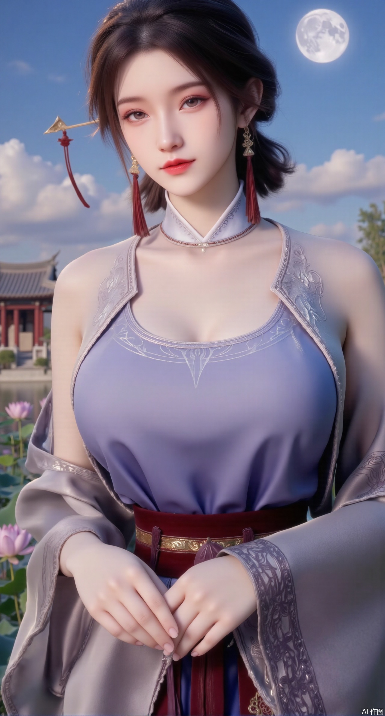 (masterpiece, best quality:1.2),1girl, navel, solo, midriff, bare shoulders, hair ornament,(long hair),(High double ponytail:1.49), red lips, BREAK, (looking at viewer:1.39), chinese clothes,(long dress:1.36), (lace:1.28), BREAK,blurry, solo focus, long hair, lips, daytime, lipstick, outdoors, standing,upper body,(huge breasts:2.99), (full breasts:2.99),background, solo, makeup,Xyunxiao,(Lotus,Water Lily,Blue sky,full moon:1.39),(Lotus pond,ancient Chinese architecture:1.39),Xmupeiling,XsongyuYK,XqiyueFHK,XheguangzhefandiYK,XxiaobaiNZYK,XlimuwanJCBYK,XmeijiK,XzhouruK,Xjinniang,Xliangpianqun