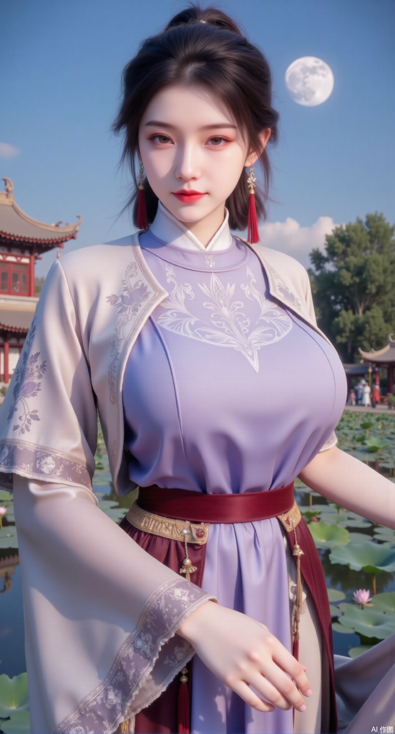 (masterpiece, best quality:1.2),1girl, navel, solo, midriff, bare shoulders, hair ornament,(long hair),(High double ponytail:1.49), red lips, BREAK, (looking at viewer:1.39), chinese clothes,(long dress:1.36), (lace:1.28), BREAK,blurry, solo focus, long hair, lips, daytime, lipstick, outdoors, standing,upper body,(huge breasts:2.99), (full breasts:2.99),background, solo, makeup,Xyunxiao,(Lotus,Water Lily,Blue sky,full moon:1.39),(Lotus pond,ancient Chinese architecture:1.39),Xmupeiling,XsongyuYK,XqiyueFHK,XheguangzhefandiYK,XxiaobaiNZYK,XlimuwanJCBYK,XmeijiK,XzhouruK,XHhanfududou,XzhouruK2,XmeijiK2,XlinziyueK2,Xjinniang2,Xdunhuangfeitian