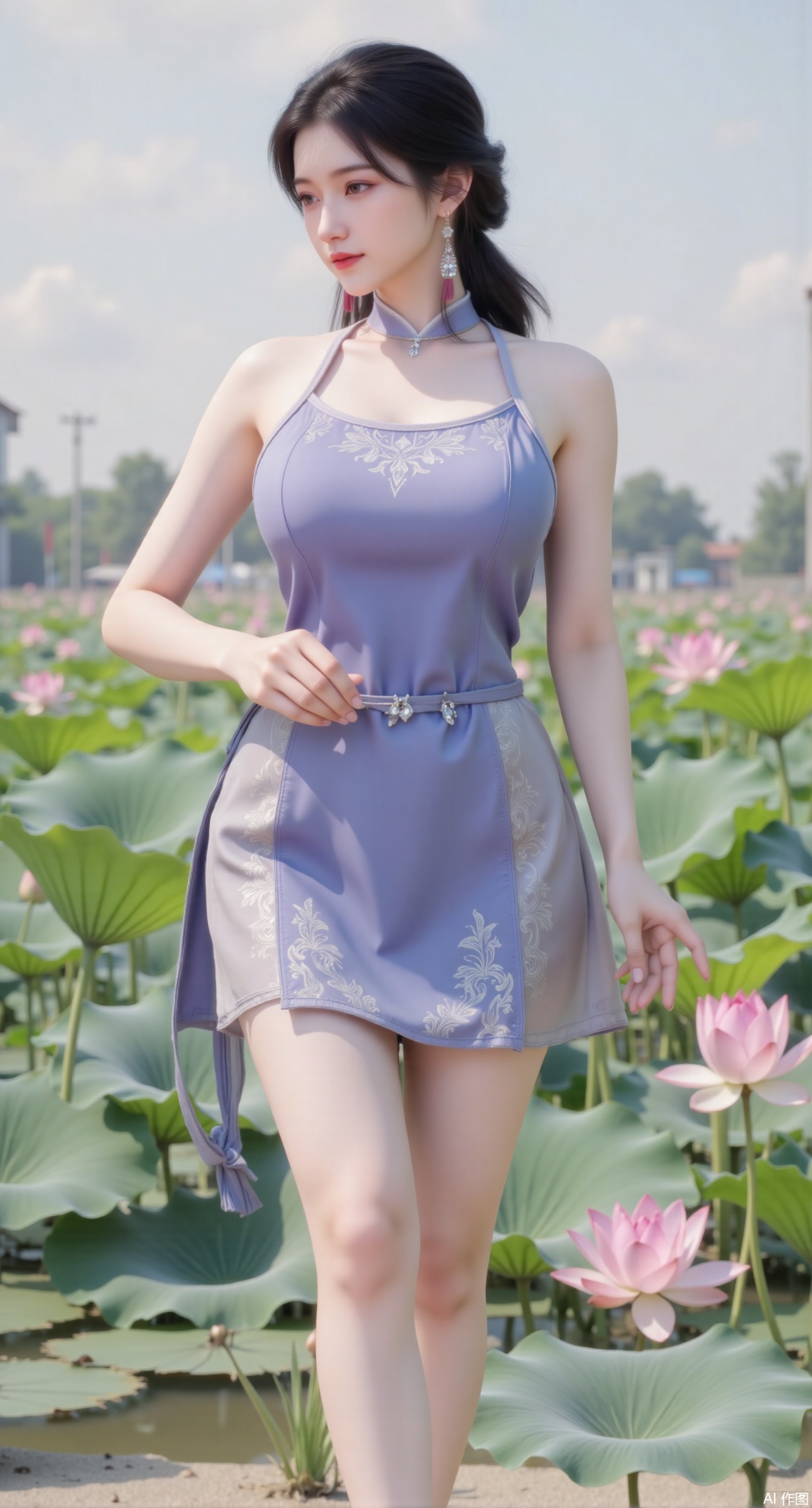 (masterpiece:1.2),best quality, (UE5.5,rendered with Unreal Engine 5,Unreal Engine 5,CG rendering), (masterpiece:1.2),,1girl,solo,standing,looking at viewer,(cowboy_shot:1.3),black hair,long hair,high heels,blurry background,depth of field,motion blur,short dress,china_dress,chinese_style,bare shouders,crystal_earrings,headpiece,hair_tie,chest_jewel,gem,necklace,jewelry,in summer,day,outdoors,nature,sea,(beach:1.4),(huge breasts:2.99),(full breasts:2.99),(lotus pond and pink lotus flowers:1.59),,(very long legs,Diamond-studded high heels:1.5),Xmupeiling,XsongyuYK,XqiyueFHK,XheguangzhefandiYK,XxiaobaiNZYK,XlimuwanJCBYK,XmeijiK,XzhouruK,XHhanfududou,XzhouruK2,XmeijiK2,XlinziyueK2,Xjinniang2,Xdunhuangfeitian