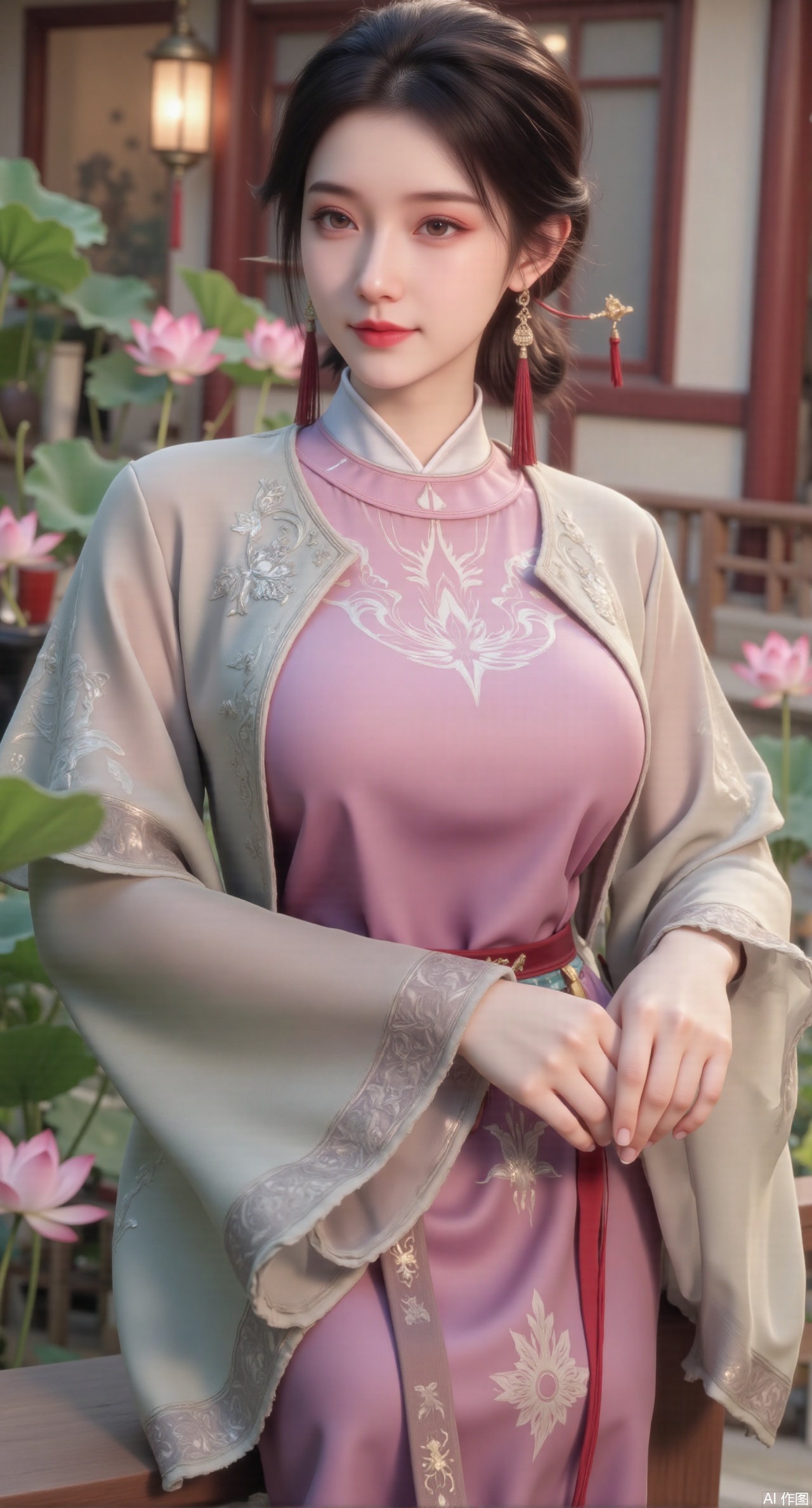 (masterpiece:1.2),best quality, (1girl:1.1), (dress:1.39), on Stomach,aqua_earrings,Lights, lanterns, chang,(big breasts:2.56),hanfu, Best quality, Realistic, photorealistic, masterpiece, extremely detailed CG unity 8k wallpaper, best illumination, best shadow, huge filesize ,(huge breasts:2.69) incredibly absurdres, absurdres, looking at viewer, transparent, smog, gauze, vase, petals, room, ancient Chinese style, detailed background, wide shot background, (((black hair))),(Sitting on the lotus pond porch:1.49) ,(A pond full of pink lotus flowers:1.5),close up of 1girl,Hairpins,hair ornament,hair wings,slim,narrow waist,perfect eyes,beautiful perfect face,pleasant smile,perfect female figure,detailed skin,charming,alluring,seductive,erotic,enchanting,delicate pattern,detailed complex and rich exquisite clothing detail,delicate intricate fabrics,Morning Serenade In the gentle morning glow, (a woman in a pink lotus-patterned Hanfu stands in an indoor courtyard:1.36),(Chinese traditional dragon and phoenix embroidered Hanfu:1.3), admiring the tranquil garden scenery. The lotus-patterned Hanfu, embellished with silver-thread embroidery, is softly illuminated by the morning light. The light mint green Hanfu imparts a sense of calm and freshness, adorned with delicate lotus patterns, with a blurred background to enhance the peaceful atmosphere,Xmupeiling,XsongyuYK,XqiyueFHK,XheguangzhefandiYK,XxiaobaiNZYK,XlimuwanJCBYK,XmeijiK,XzhouruK,XHhanfududou,XzhouruK2,XmeijiK2,XlinziyueK2,Xjinniang2,Xdunhuangfeitian
