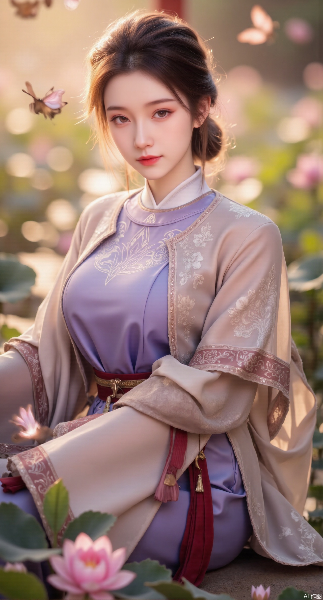 (masterpiece, best quality:1.2), highres, extremely detailed, 1girl,(hanfu dress:1.26),looking at viewer,indoors,  (big breasts:2.69),Depth of field,garden of the sun,shiny,flowers, garden, 1girl, (Lotus:1.39), (butterflies, ultra detailed, glary,Light, light particles,glitter,reflect:1.29),Xmupeiling,XsongyuYK,XqiyueFHK,XheguangzhefandiYK,XxiaobaiNZYK,XlimuwanJCBYK,XmeijiK,XzhouruK,XHhanfududou,XzhouruK2,XmeijiK2,XlinziyueK2,Xjinniang2,Xdunhuangfeitian