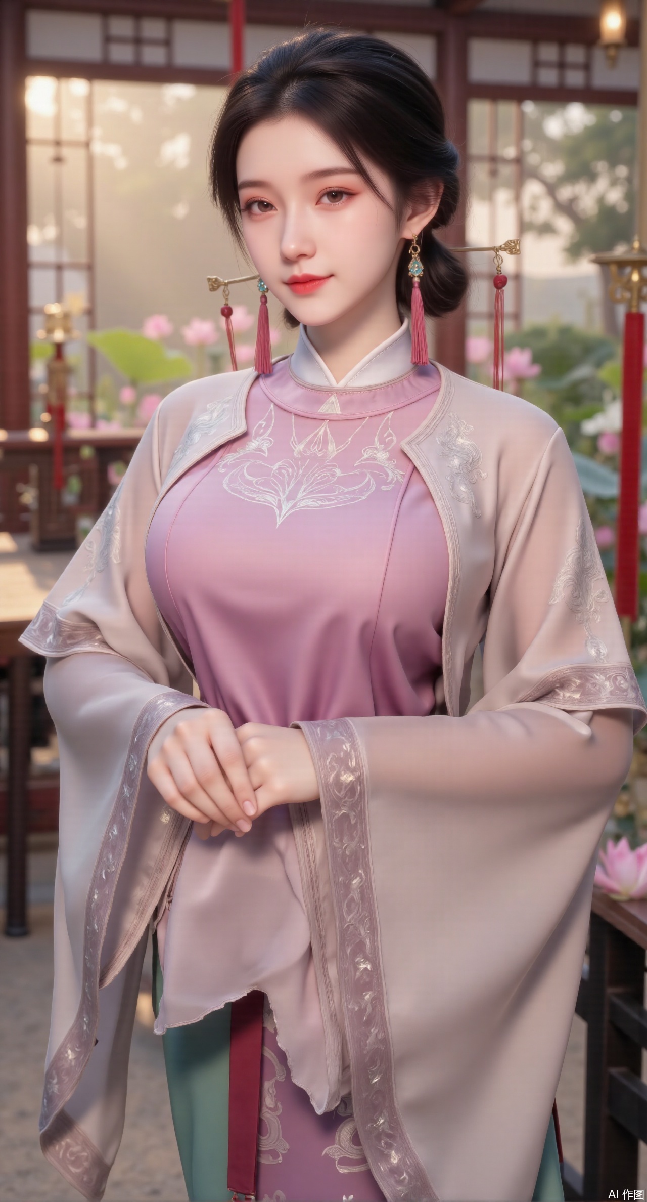 (masterpiece:1.2),best quality, (1girl:1.1), (dress:1.39), on Stomach,aqua_earrings,Lights, lanterns, chang,(big breasts:2.56),hanfu, Best quality, Realistic, photorealistic, masterpiece, extremely detailed CG unity 8k wallpaper, best illumination, best shadow, huge filesize ,(huge breasts:2.69) incredibly absurdres, absurdres, looking at viewer, transparent, smog, gauze, vase, petals, room, ancient Chinese style, detailed background, wide shot background, (((black hair))),(Sitting on the lotus pond porch:1.49) ,(A pond full of pink lotus flowers:1.5),close up of 1girl,Hairpins,hair ornament,hair wings,slim,narrow waist,perfect eyes,beautiful perfect face,pleasant smile,perfect female figure,detailed skin,charming,alluring,seductive,erotic,enchanting,delicate pattern,detailed complex and rich exquisite clothing detail,delicate intricate fabrics,Morning Serenade In the gentle morning glow, (a woman in a pink lotus-patterned Hanfu stands in an indoor courtyard:1.36),(Chinese traditional dragon and phoenix embroidered Hanfu:1.3), admiring the tranquil garden scenery. The lotus-patterned Hanfu, embellished with silver-thread embroidery, is softly illuminated by the morning light. The light mint green Hanfu imparts a sense of calm and freshness, adorned with delicate lotus patterns, with a blurred background to enhance the peaceful atmosphere,Xmupeiling,XsongyuYK,XqiyueFHK,XheguangzhefandiYK,XxiaobaiNZYK,XlimuwanJCBYK,XmeijiK,XzhouruK,XHhanfududou,XzhouruK2,XmeijiK2,XlinziyueK2,Xjinniang2,Xdunhuangfeitian