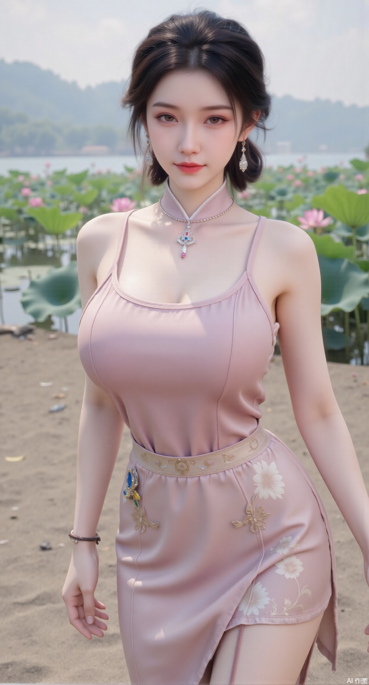 (masterpiece:1.2),best quality, (UE5.5,rendered with Unreal Engine 5,Unreal Engine 5,CG rendering), (masterpiece:1.2),,1girl,solo,standing,looking at viewer,(cowboy_shot:1.3),black hair,long hair,high heels,blurry background,depth of field,motion blur,short dress,china_dress,chinese_style,bare shouders,crystal_earrings,headpiece,hair_tie,chest_jewel,gem,necklace,jewelry,in summer,day,outdoors,nature,sea,(beach:1.4),(huge breasts:2.99),(full breasts:2.99),(lotus pond and pink lotus flowers:1.59),,(very long legs,Diamond-studded high heels:1.5),Xmupeiling,XsongyuYK,XqiyueFHK,XheguangzhefandiYK,XxiaobaiNZYK,XlimuwanJCBYK,XmeijiK,XzhouruK,XHhanfududou,XzhouruK2,XmeijiK2,XlinziyueK2,Xjinniang2,Xdunhuangfeitian