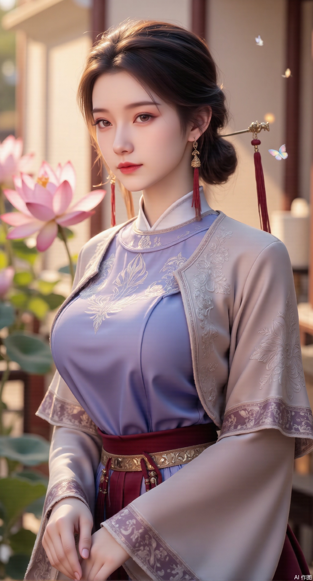 (masterpiece, best quality:1.2), highres, extremely detailed, 1girl,(hanfu dress:1.26),looking at viewer,indoors,  (big breasts:2.69),Depth of field,garden of the sun,shiny,flowers, garden, 1girl, (Lotus:1.39), (butterflies, ultra detailed, glary,Light, light particles,glitter,reflect:1.29),Xmupeiling,XsongyuYK,XqiyueFHK,XheguangzhefandiYK,XxiaobaiNZYK,XlimuwanJCBYK,XmeijiK,XzhouruK,XHhanfududou,XzhouruK2,XmeijiK2,XlinziyueK2,Xjinniang2,Xdunhuangfeitian