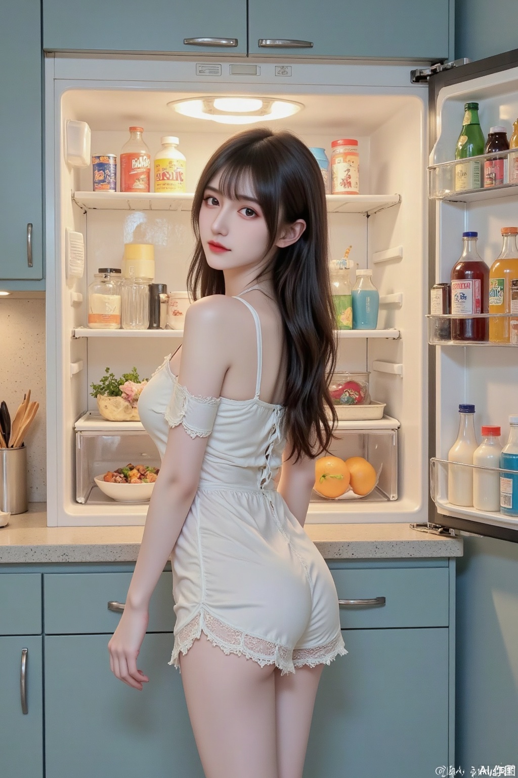 Masterpiece, the best quality, high quality, (colorful) , big breasts,,(black hair:1.4),(long legs:1.3),Prompt: The image portrays a stylized illustration of a young japanese woman standing in front of an open refrigerator in a softly lit kitchen. beautiful face, She is depicted in a slim white lace-trimmed nightgown that hugs her figure, exuding an air of casual elegance and intimacy. The soft fabric of the gown, combined with the delicate lace detailing at the hem, adds a sense of sophistication to her attire. Her posture is slightly bent forward as she reaches into the fridge, holding a brightly colored bottle in one hand while glancing back over her shoulder with a curious and slightly playful expression. Her large, expressive eyes are accentuated by soft makeup, and her dark, wavy hair cascades naturally over her shoulders, framing her face beautifully. The lighting in the image is warm and glows softly from within the refrigerator, casting a gentle, inviting illumination across the scene. The refrigerator is filled with neatly organized bottles of beverages in a wide array of bright colors, ranging from yellows and oranges to blues and greens, creating a vibrant contrast against the muted tones of the kitchen walls. The shelves are lined with additional items such as bowls and containers, enhancing the realism and liveliness of the setting. The background features a cozy and clean kitchen environment, with pastel blue tones dominating the walls and cabinets, further adding to the serene and relaxed mood. The overall composition blends a slice-of-life scenario with an artistic, dreamy aesthetic that captures a moment of quiet curiosity and warmth in a stylized, almost surreal manner.,
