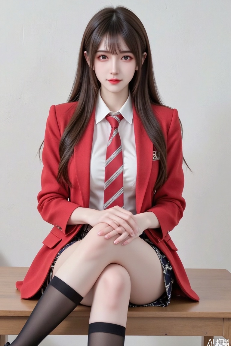 Masterpiece, best quality, high quality, (colorful), (small chest:1.5), (black hair: 1.4), (long legs： 1.3), Masterpiece, best quality, high quality, (colorful), medium chest, (black hair: 1.4), (long legs: 1.3)1girl, solo, long hair, looking at viewer, smile, skirt, brown hair, shirt, long sleeves, sitting, school uniform, jacket, full body, white shirt, necktie, shoes, socks, striped, collared shirt, black footwear, kneehighs, blazer, red necktie, black socks, red jacket, pencil skirt, realistic, striped necktie,fullbody