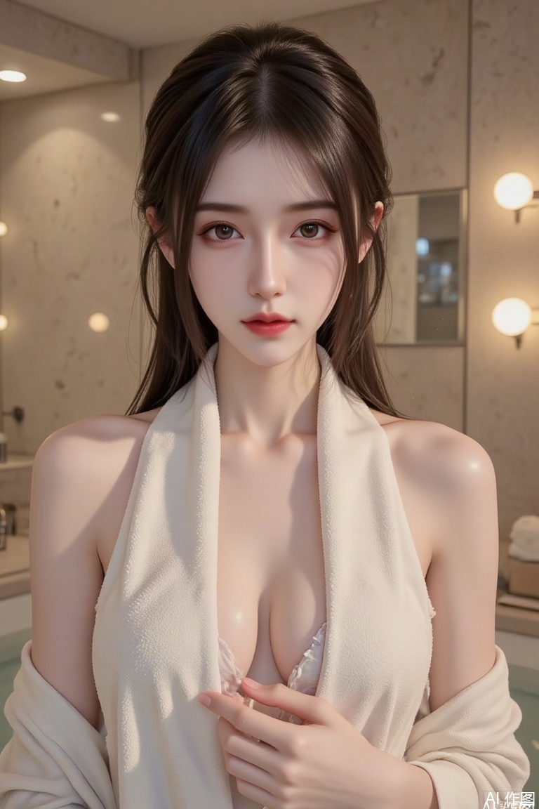 Masterpiece, the best quality, high quality,  huge breasts,,(black hair:1.4),(long legs:1.3),（thin legs：1.4）,1 girl, towel, chest, brown eyes, lips, water, waves, wet, bathroom, lights, evening, looking in the mirror, sex