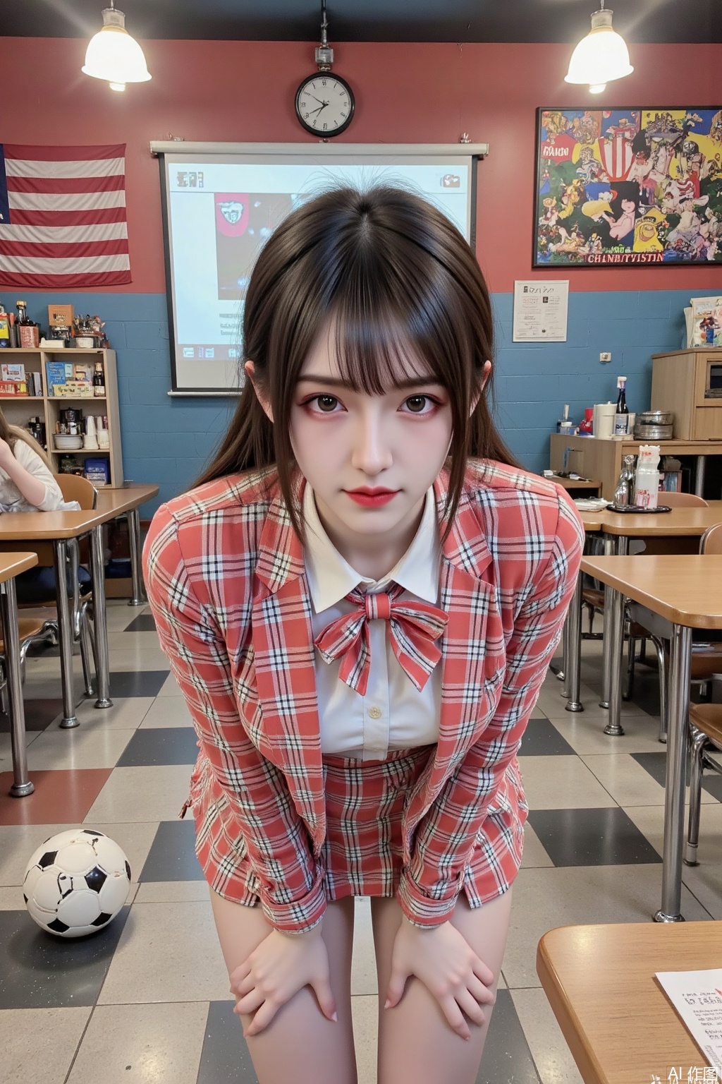 Masterpiece, best quality, high quality, (colorful), huge chest, (black hair: 1.4), (long legs: 1.3), (thin legs: 1.3), 1girl, argyle, argyle_background, argyle_legwear, bangs, bent_over, blunt_bangs, blur_censor, blurry, blurry_background, blurry_foreground, blush, board_game, bowtie, breasts, brown_eyes, brown_hair, cellphone_picture, checkered, checkered_background, checkered_flag, checkered_floor, checkered_kimono, checkered_legwear, checkered_shirt, checkered_skirt, chess_piece, classroom, depth_of_field,  figure, focused,  indoors, large_breasts, looking_at_viewer, motion_blur, perspective, photo_\(medium\), plaid, plaid_legwear, pov, race_queen, restaurant, school_uniform, skirt, soccer_ball, solo_focus, table, telstar, thighhighs, thighs, tile_floor, tile_wall, tiles