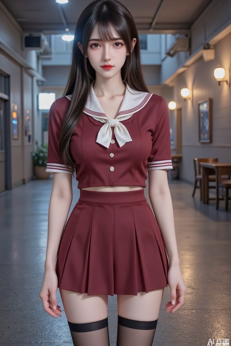 Masterpiece, best quality, high quality, (colorful), huge chest, (black hair: 1.4), (long legs: 1.3), (thin legs: 1.3),NT,NT,3D,full body,Japanese girl's hand-held,Anime girl wearing a deep red sailor suit,white lace collar,black knee socks hugging slender thighs,piercing gaze with a hint of laziness,reversed light in the dimly lit school corridor in the dusk,ultra-fine facial modeling,soft lighting highlighting the clavicle lines,