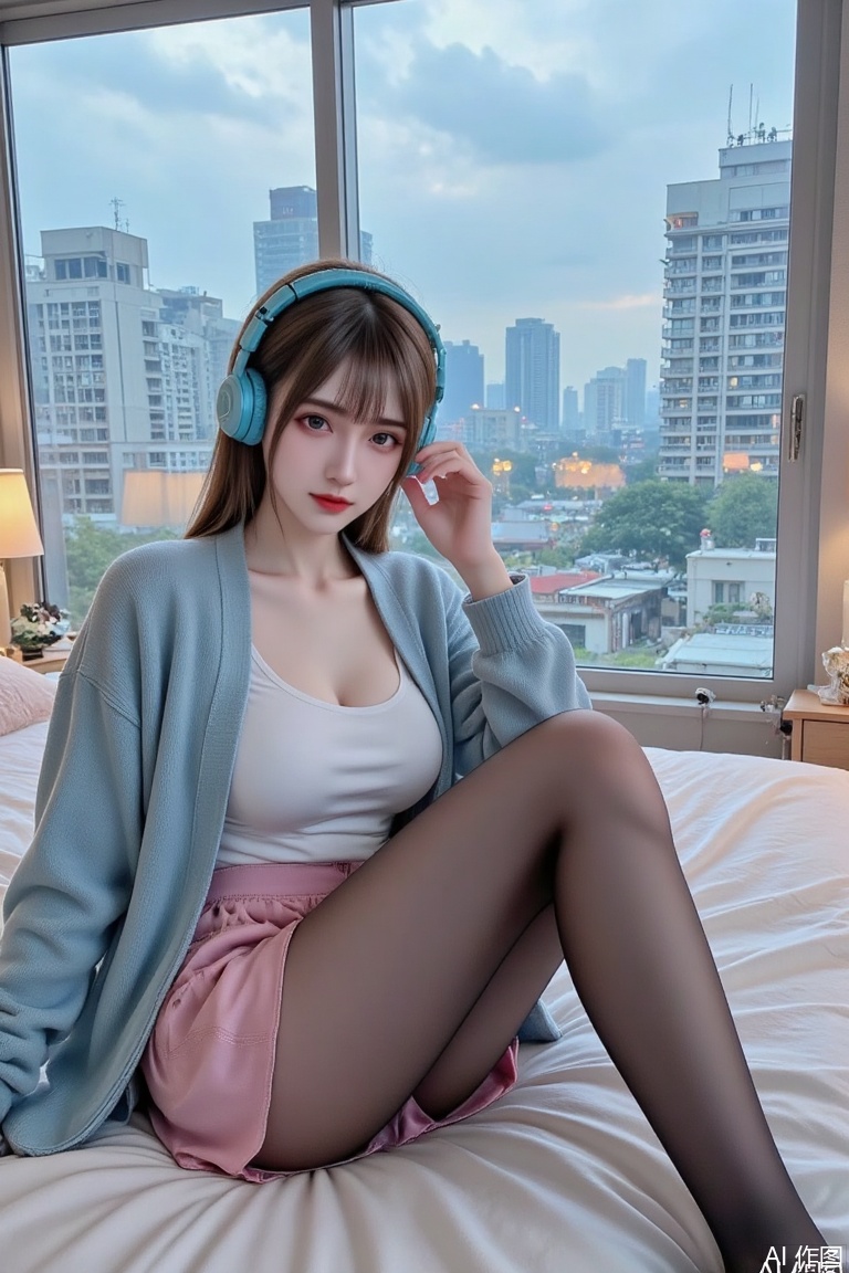 Masterpiece, the best quality, high quality,  huge breasts,,(white hair:1.4),(long legs:1.3),（thin legs：1.4）,nakano miku,depth of field,light particles,lens flare,(artist:quasarcake:0.8),extreme aesthetic,(wlop:0.6),wanke,rella,wanke,masterpiece,best quality,good quality,newest,year 2024,year 2023,very aesthetic,absurdres,Visual impact,Electromotive force,perspective composition,A shot with tension,ultra-high resolution,32K UHD,sharp focus,best quality,masterpiece,Emotionalization masterpiece,unconventional supreme,masterful details,with a high end texture,in the style of fashion photography,(Visual impact:1.2),giving the poster a dynamic and visually striking appearance,impactful picture,offcial art,colorful,splash of color,movie perspective,masterpiece,best quality,amazing quality,very aesthetic,absurdres,best quality,newest,best quality,good,1girl,brown hair,hair between eyes,aqua eyes,on the bed,one-piece black stockings,not wearing shoes,sheer black stockings,shy,white shirt,blue headphones,hair tangled in headphones,pink skirt,morning,city outside the window,home bedroom,sitting like a duck,light blue wool sweater,taking off the coat,sexy,full_shot,looking_at_viewer,from_back,face_focus,eyes_focus,solo_focus,