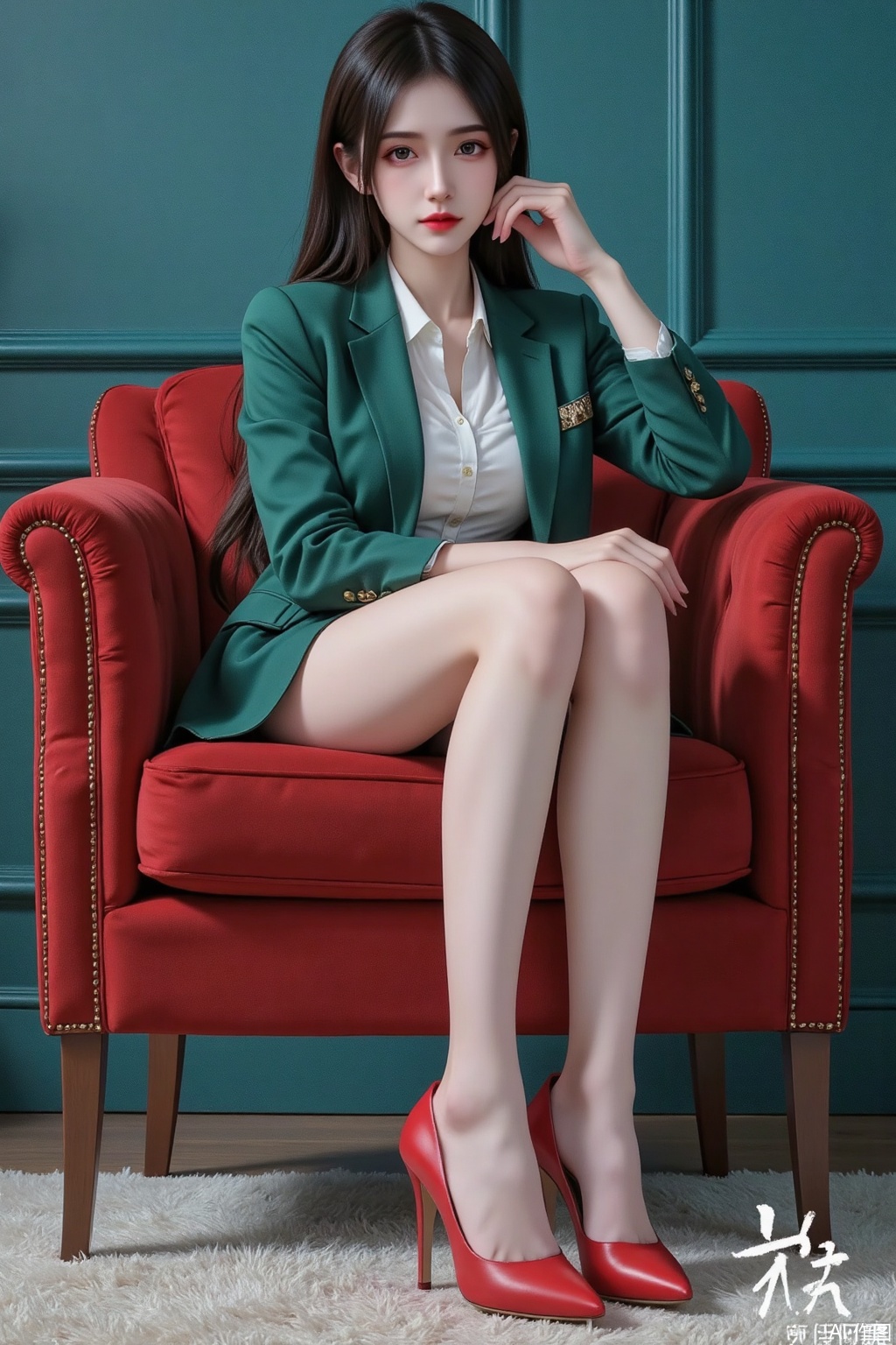 Masterpiece, the best quality, high quality,  huge breasts,,(black hair:1.4),(long legs:1.3),（thin legs：1.4）,bright analog film style,fine detail,bright analog film style,fine detail,from below and low angle view,The image features a woman seated in an elegant pose on a velvet armchair. The portrayal is striking,presenting a contrast of bold red against a monochromatic teal backdrop,which is complemented by the chair's upholstery. The woman is dressed in a chic green suit with a collared shirt,and her red high-heeled shoes reflect the color of her attire,creating a harmonious yet vivid color palette. Her expression is calm and contemplative with a hint of confidence; her lips are painted a matching red,and her long dark hair frames her face. The woman's pose—leaning slightly back with one arm resting on the armchair and legs crossed—exudes a sense of poise and self-assuredness. The overall composition of the image,with its synchronization of colors and the subject's composed demeanor,gives off an air of stylish sophistication and contemporary elegance.,The word "干中学" is written in a casual,handwritten style in white at the bottom right corner of the image,suggesting a title or theme. The overall aesthetic of the photograph is sophisticated and stylish,with a hint of elegance and modernity.,